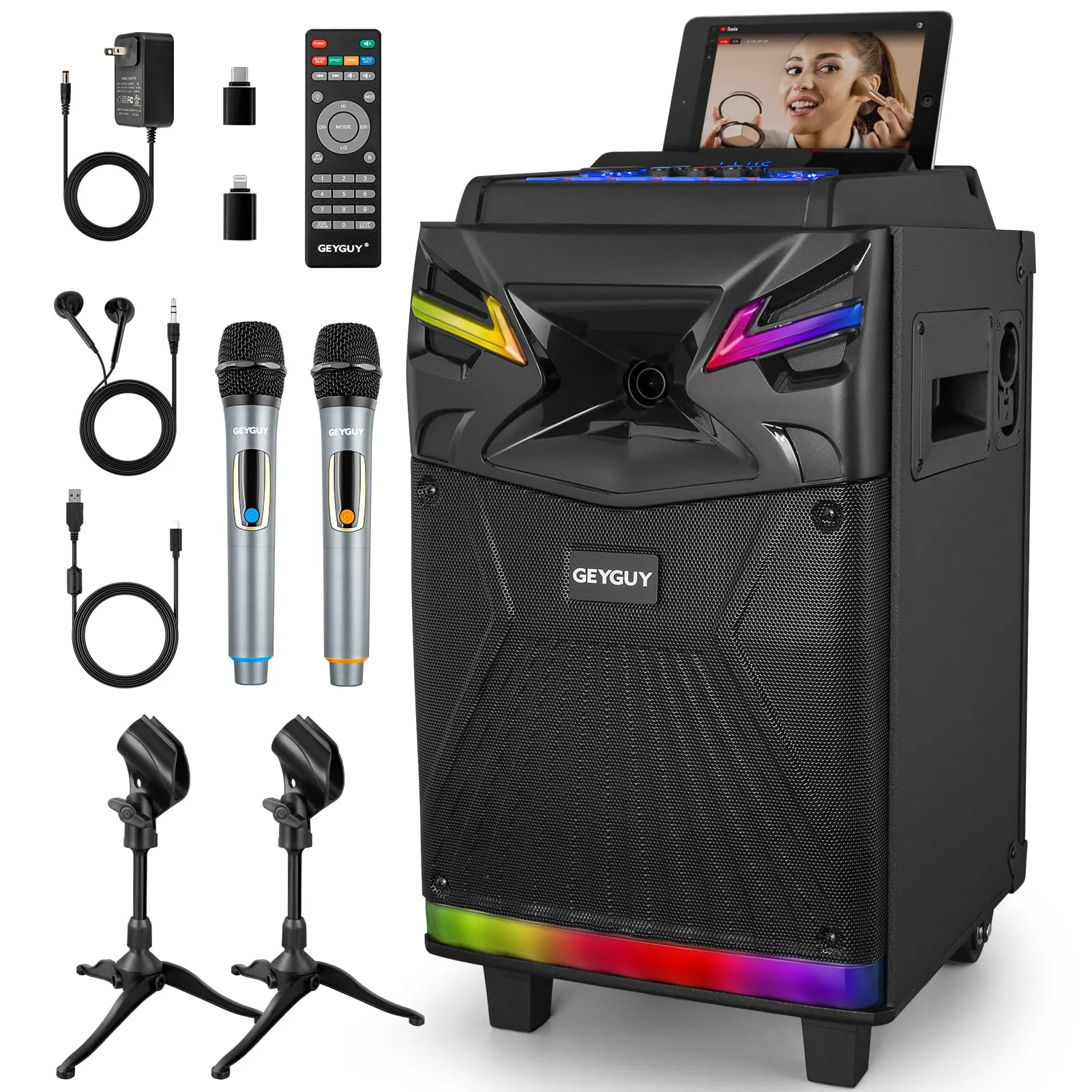 Sistema Karaoke Professionale con Doppi Microfoni Wireless, Altoparlante Bluetooth Portatile con Effetti Luce