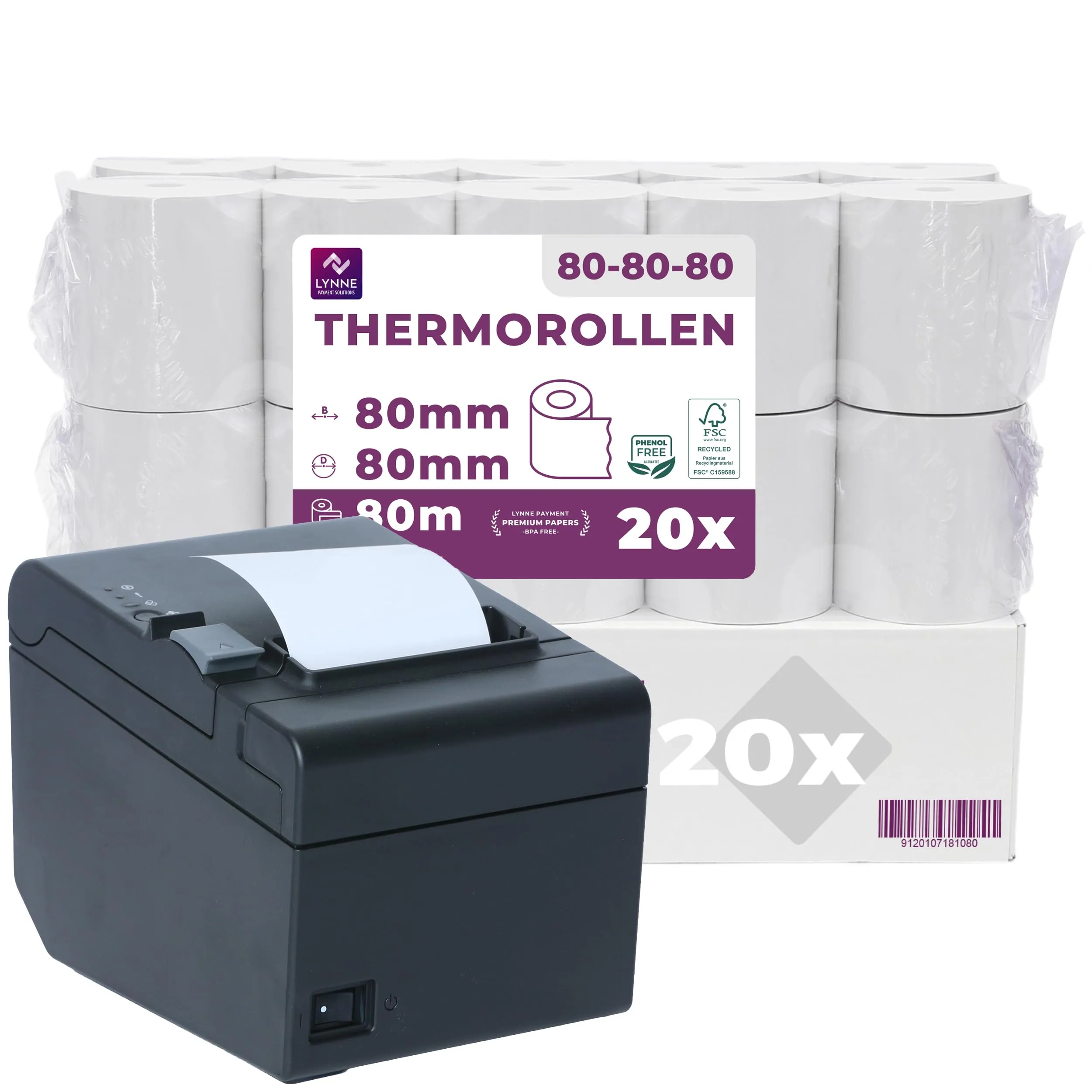 Rotoli Termici 80mm x 80m x 12mm per Registratore di Cassa Fiscale - 20 Rotoli