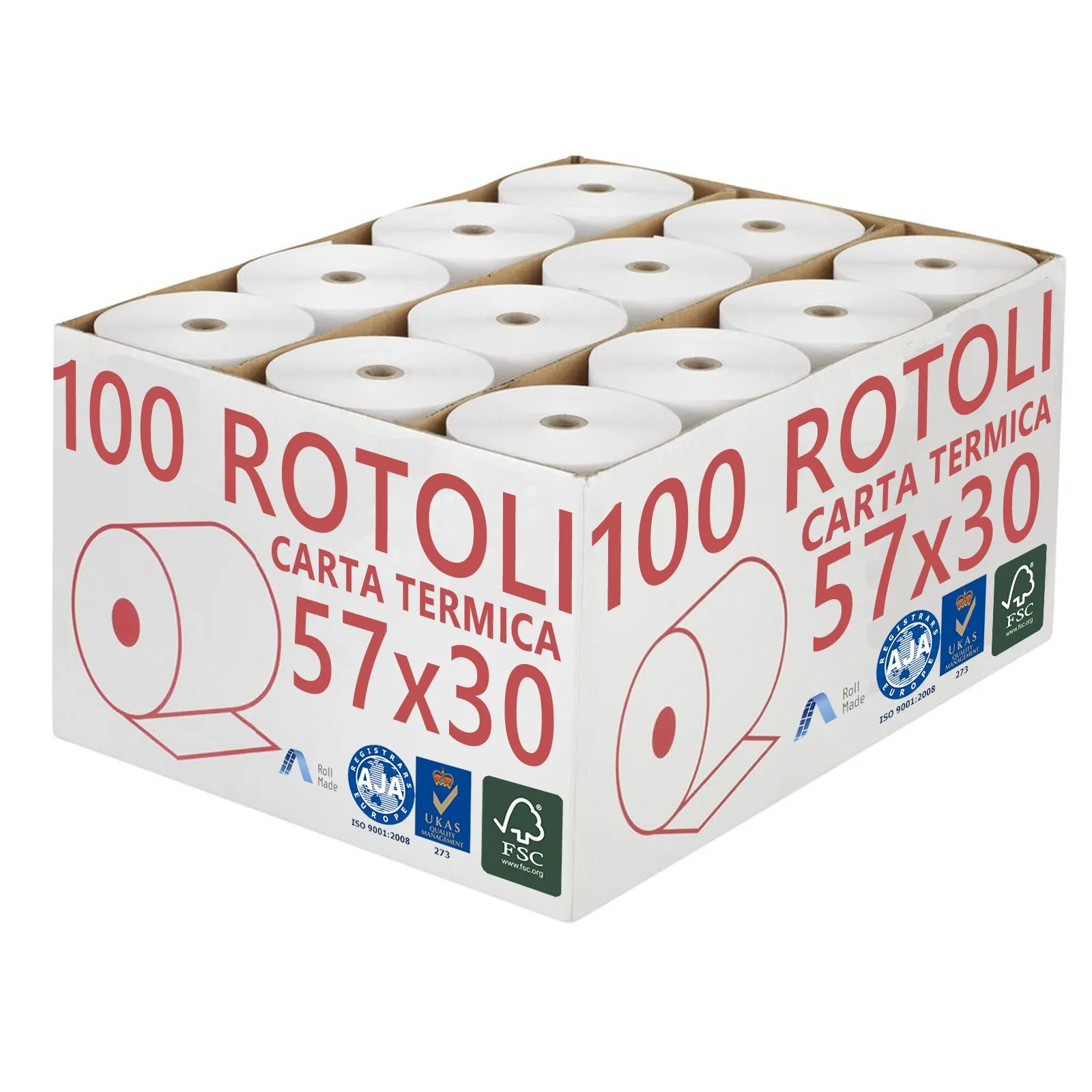 Confezione 100 Rotoli Termici 57x30 Omologati per Registratore di Cassa