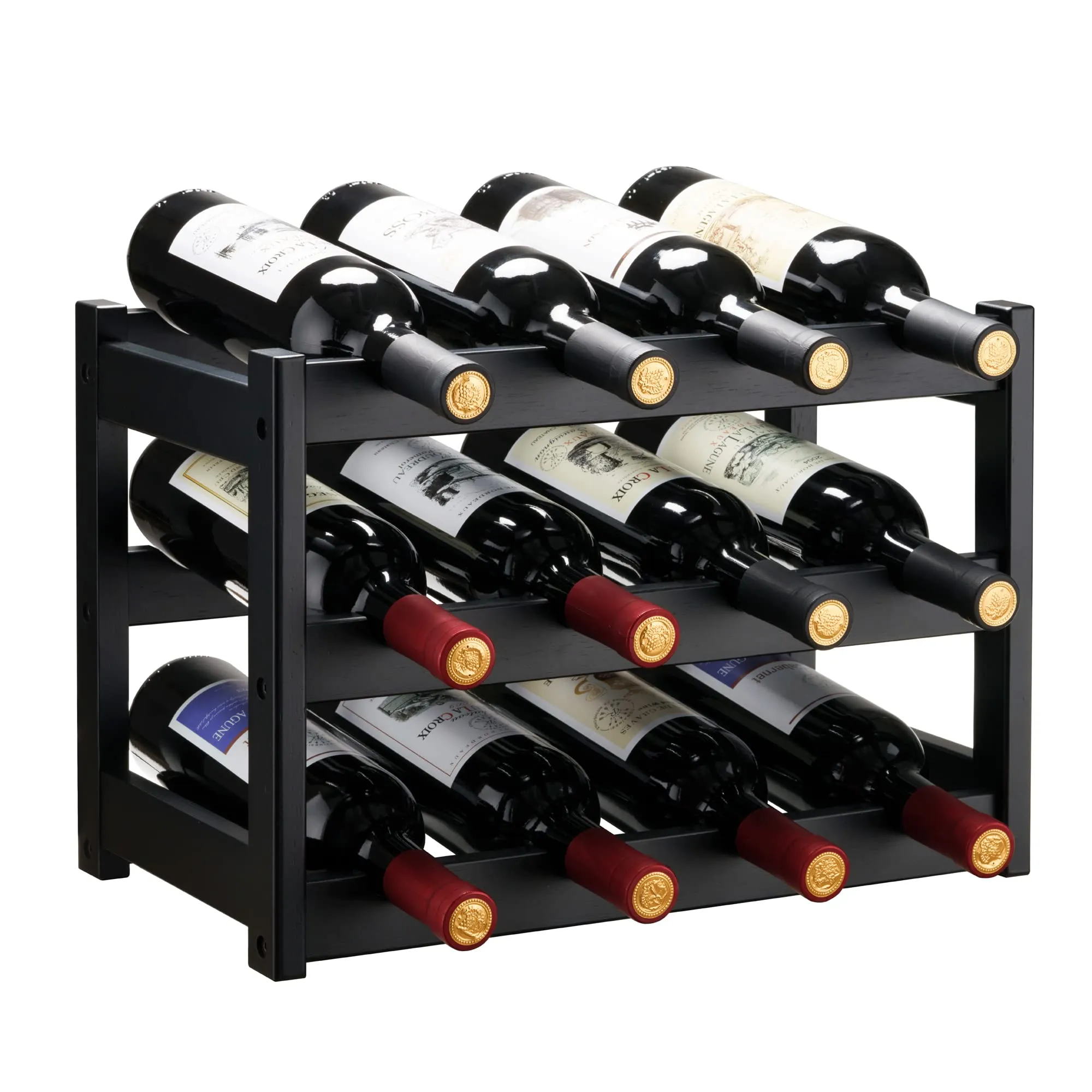VASMIA Portabottiglie di Vino in Bambù Naturale - 12 Bottiglie, Nero