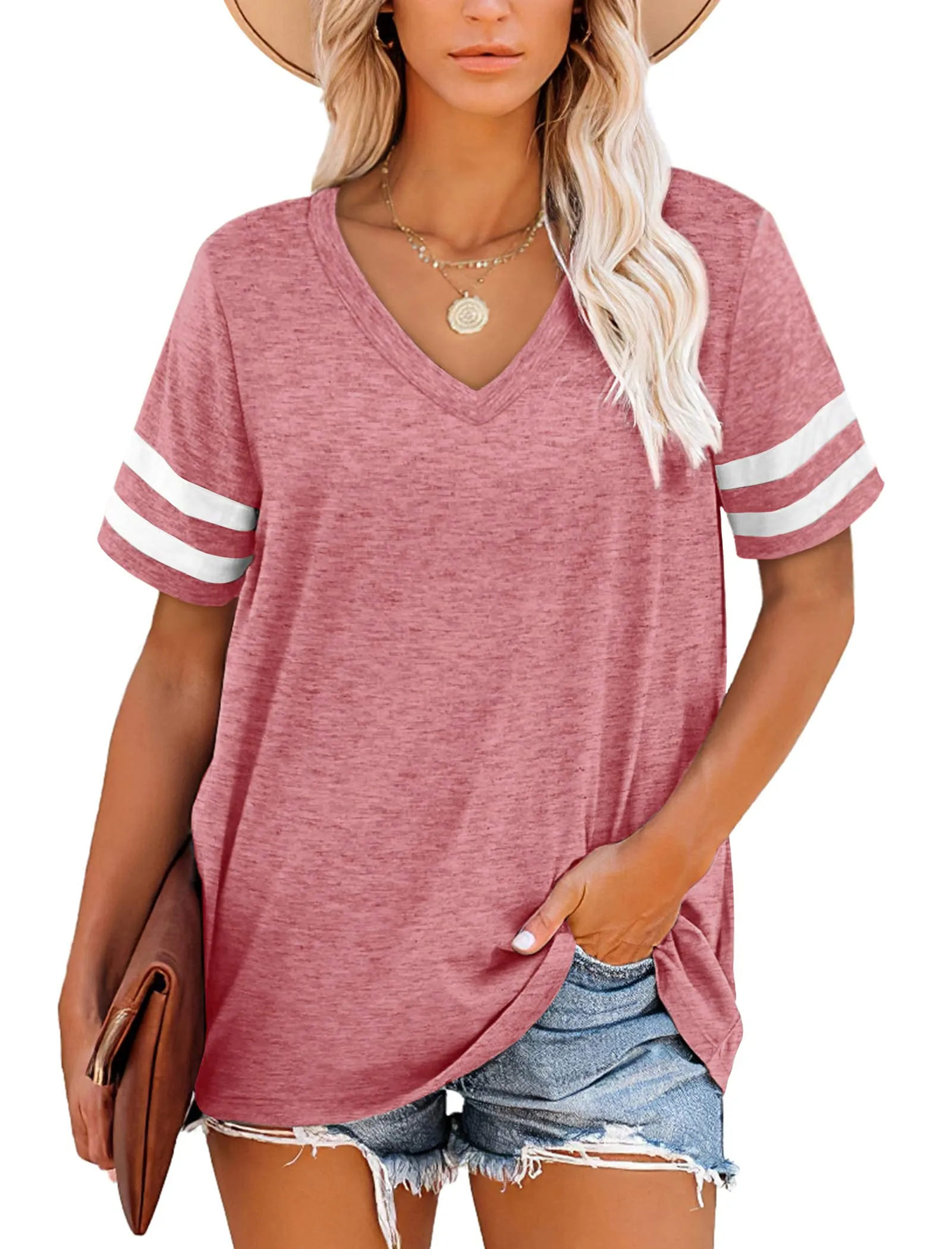 NARRAME T-Shirt Top Estivi da Donna Rosa Scuro