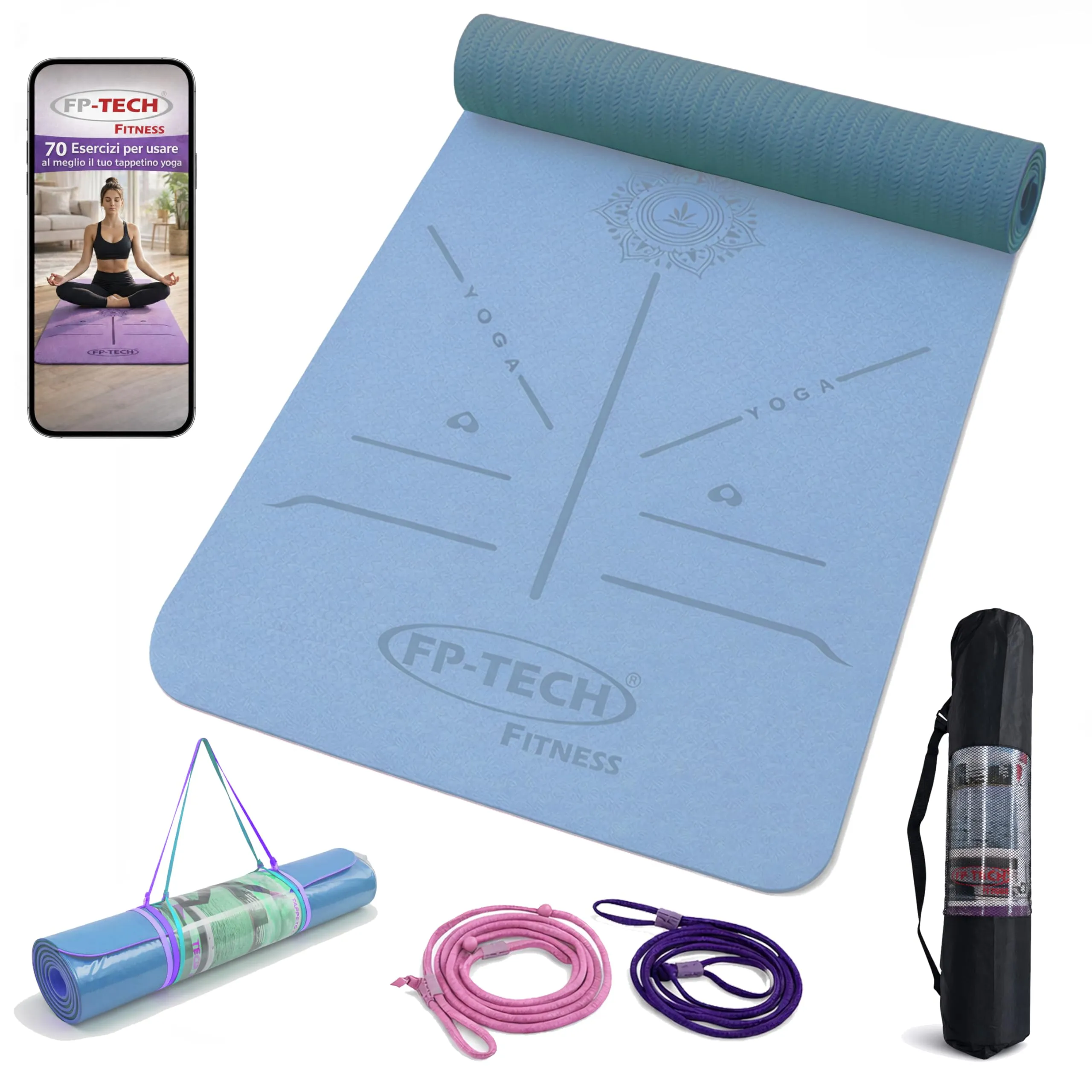 Tappetino Yoga Imbottito Antiscivolo FP-TECH in TPE con Sacca - Blu/Azzurro