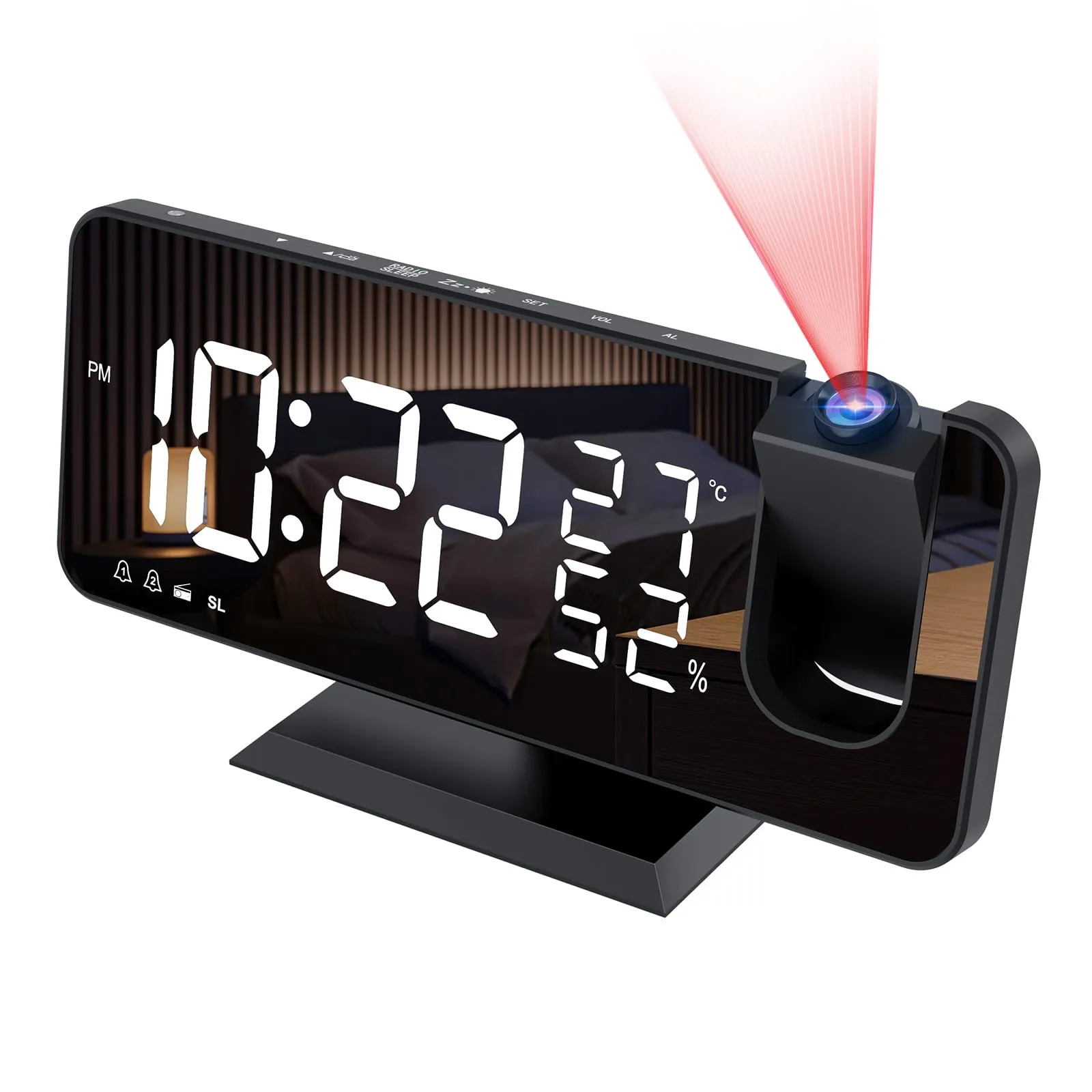 Sveglia Digitale da Comodino con Proiettore, Radio FM, Doppia USB, 3 Livelli di Luminosità, Snooze e 15 Livelli di Volume, 12/24h, Multifunzionale, per Camera da Letto