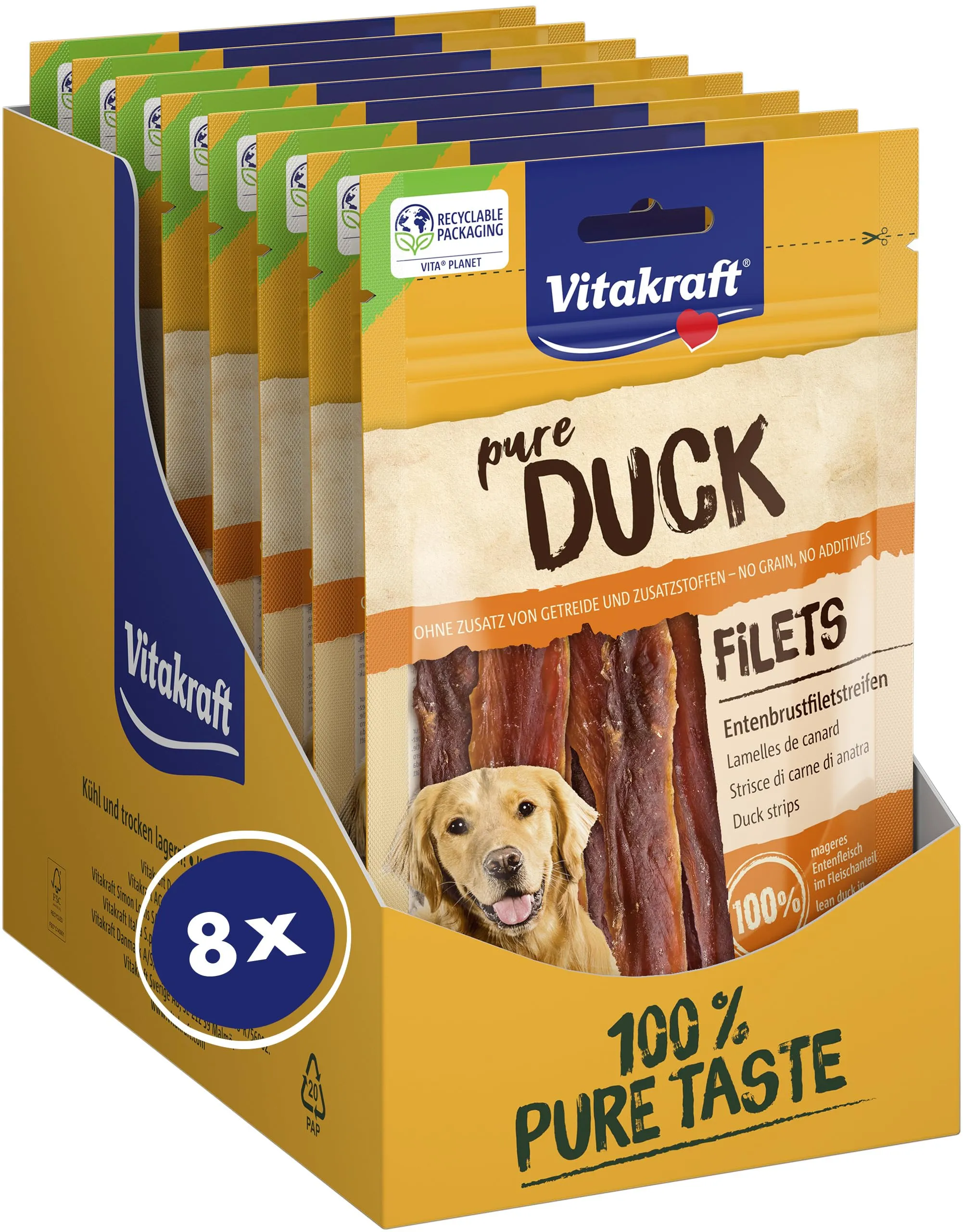 Vitakraft Snack di Anatra per Cani - Strisce di Filetto di Petto - 8 x 80g