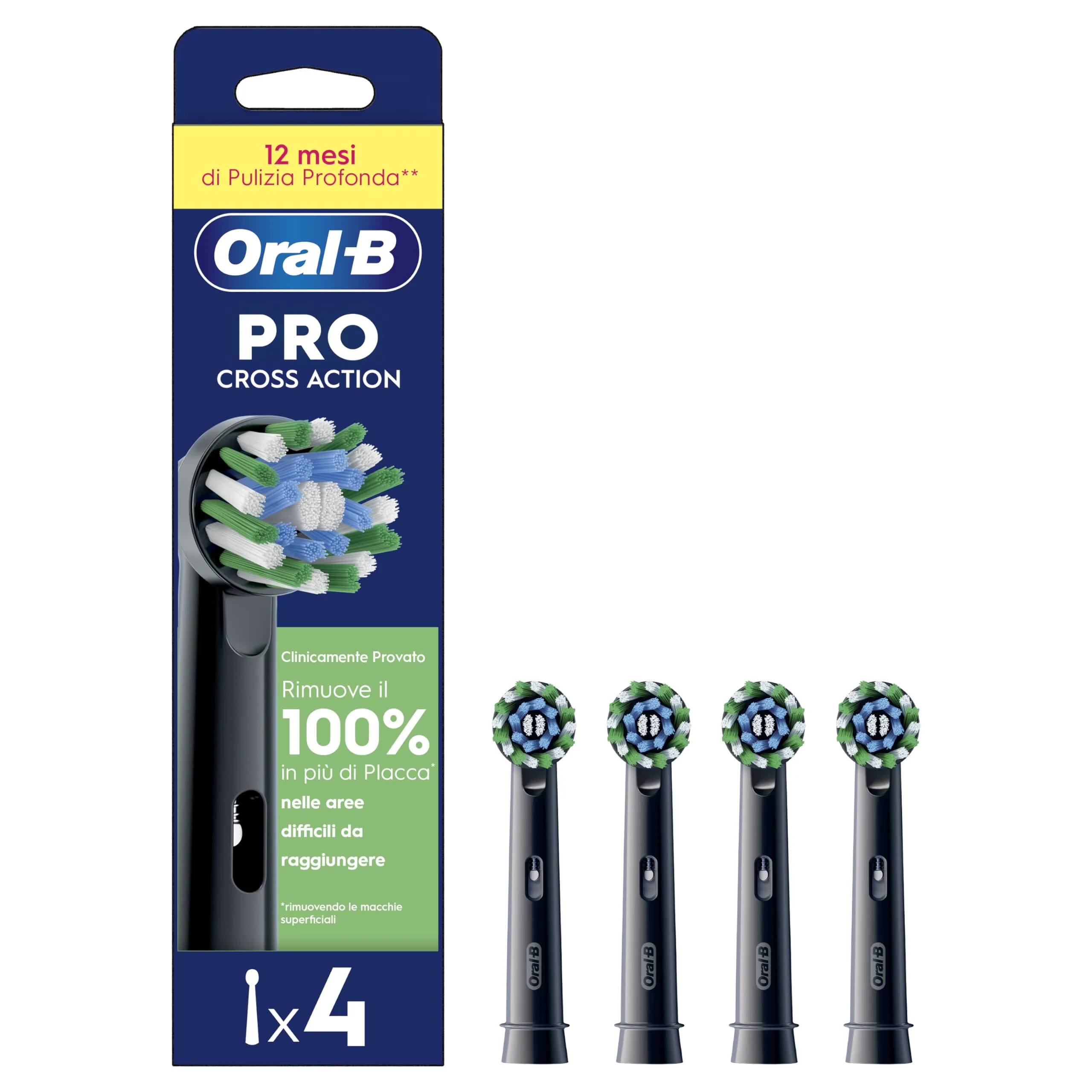 Oral-B Cross Action Testine Nere di Ricambio per Spazzolino Elettrico - 4 Pezzi