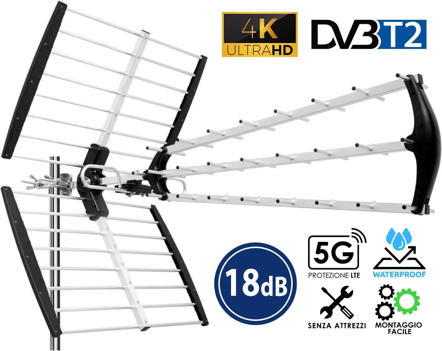 Antenna Super 56 Elementi 4K Ultra HD LTE 4G 5G per Digitale Terrestre UHF HD TV - Pronta all'Uso