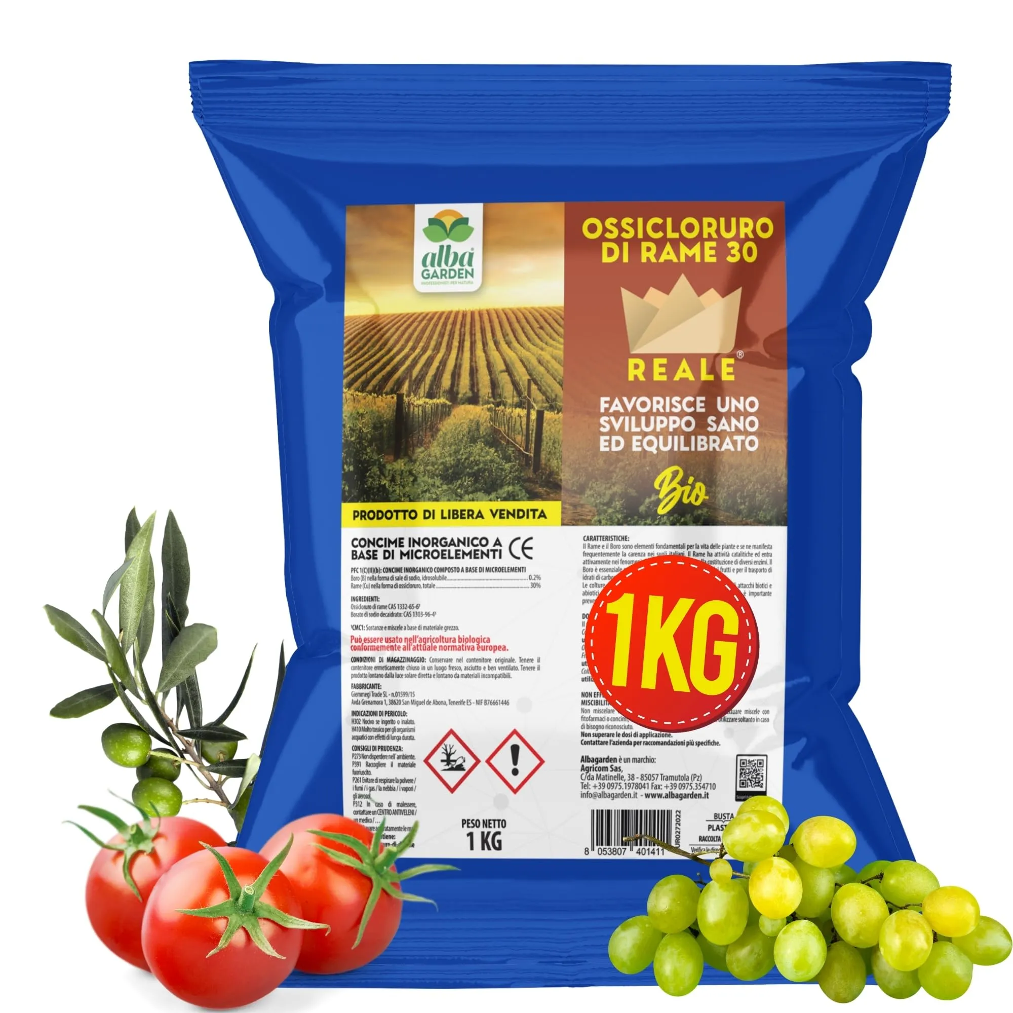 Albagarden - Ossicloruro di Rame 30% + Boro - Fungicida e Concime Biologico per Piante (1 kg)