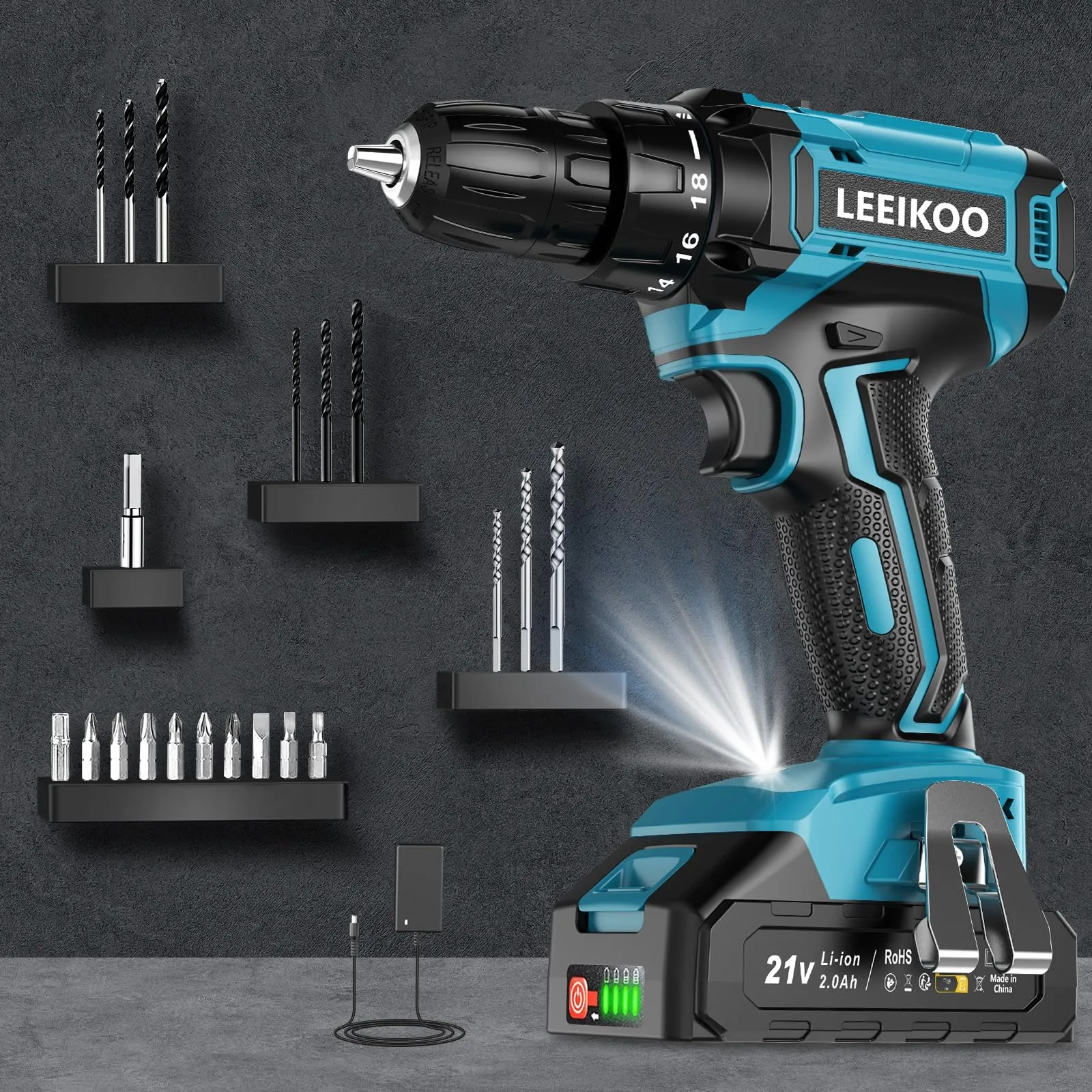 Trapano Avvitatore a Batteria 21V LEEIKOO con Accessori