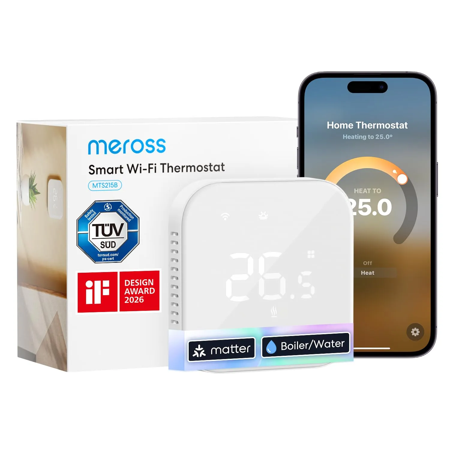 Meross Matter Termostato WiFi Smart per Caldaie, Riscaldamento e Raffreddamento