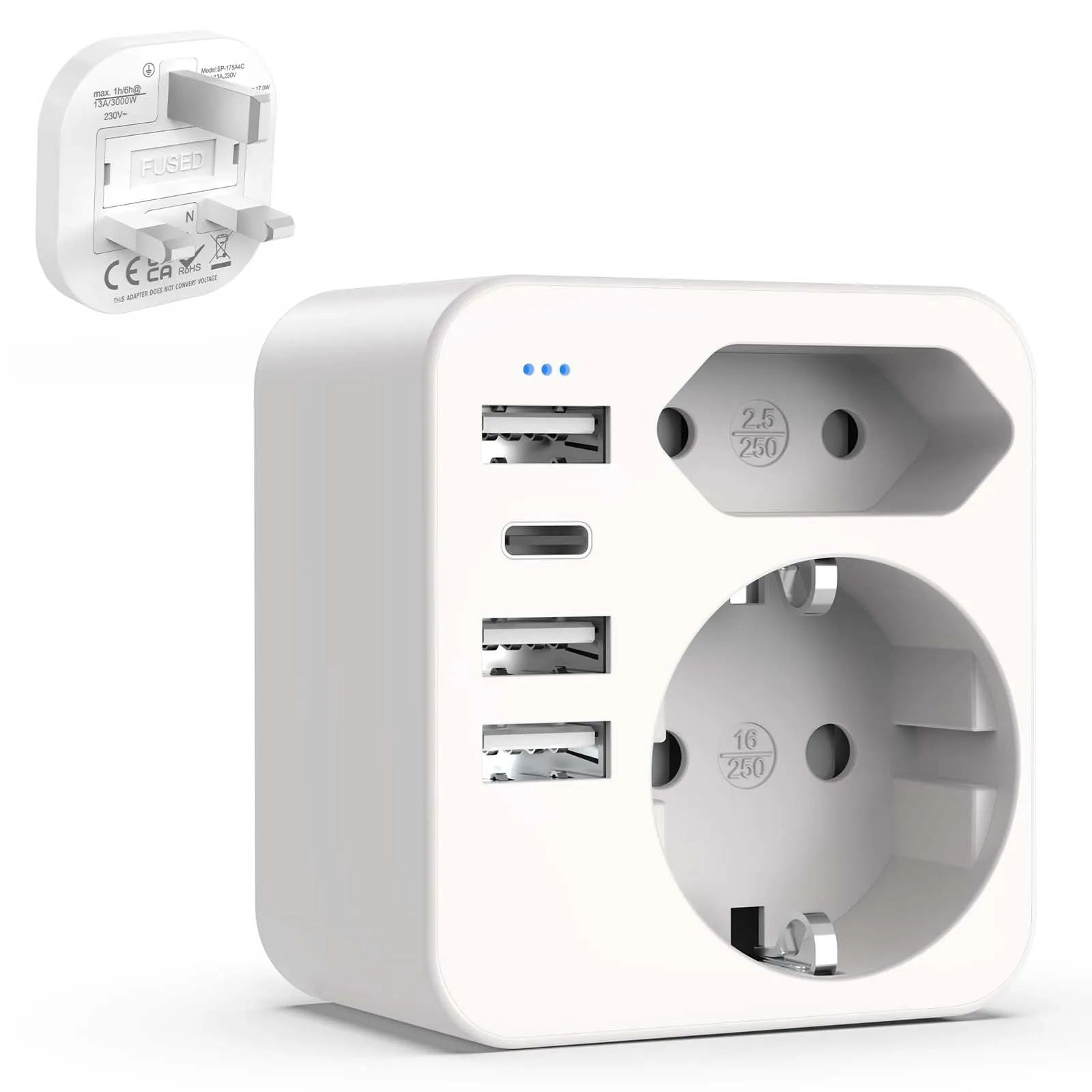 Adattatore Universale da Viaggio Hoppac 6 in 1 con USB e USB-C per UK, Irlanda, Malta