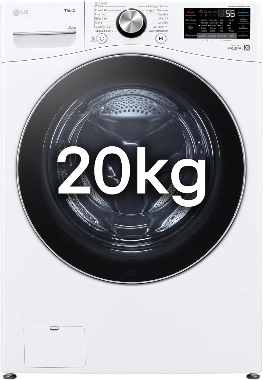 LG AI DD F0P3020TSWC Lavatrice 20kg, a Carica Frontale, Capacità XL Serie P3, Classe B, 1000 Giri, TurboWash 360, Vapore, Wi-Fi, Motore Inverter Direct Drive, Libera installazione, Bianco