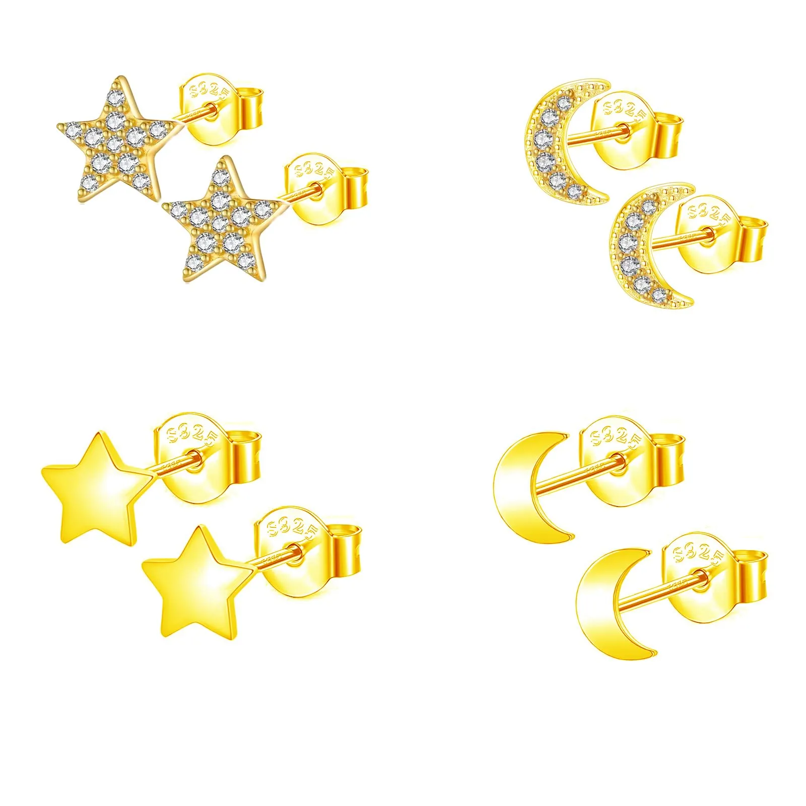 Epoch World 4 Paia Orecchini Argento 925 Oro Stella Luna Zirconia Cubica
