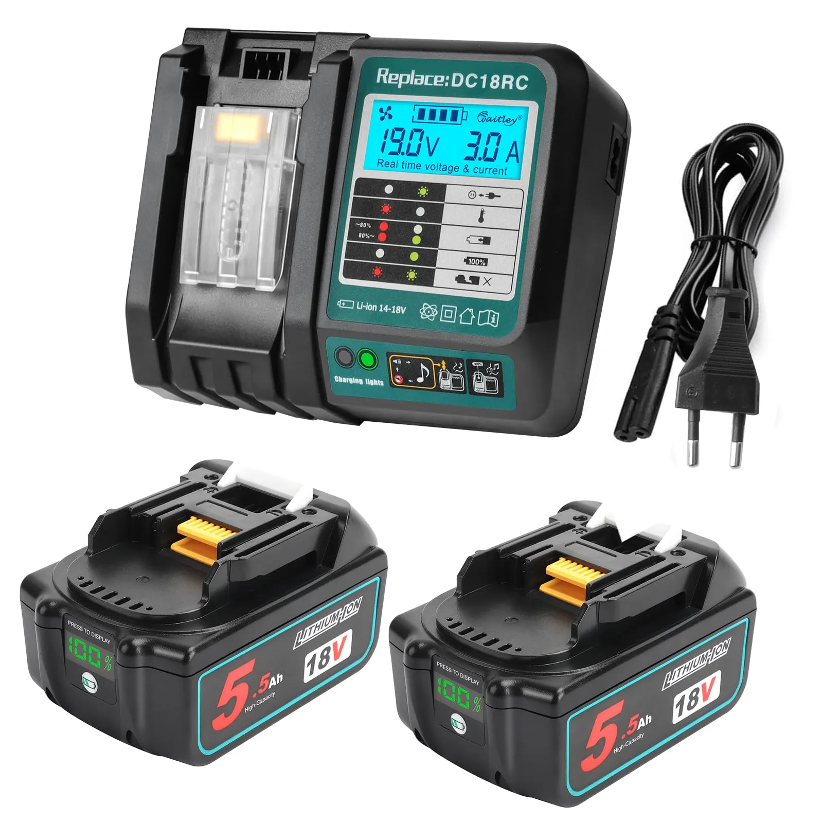 Powarobor Kit 2 Batterie 18V 5.5Ah con Caricabatterie per Makita