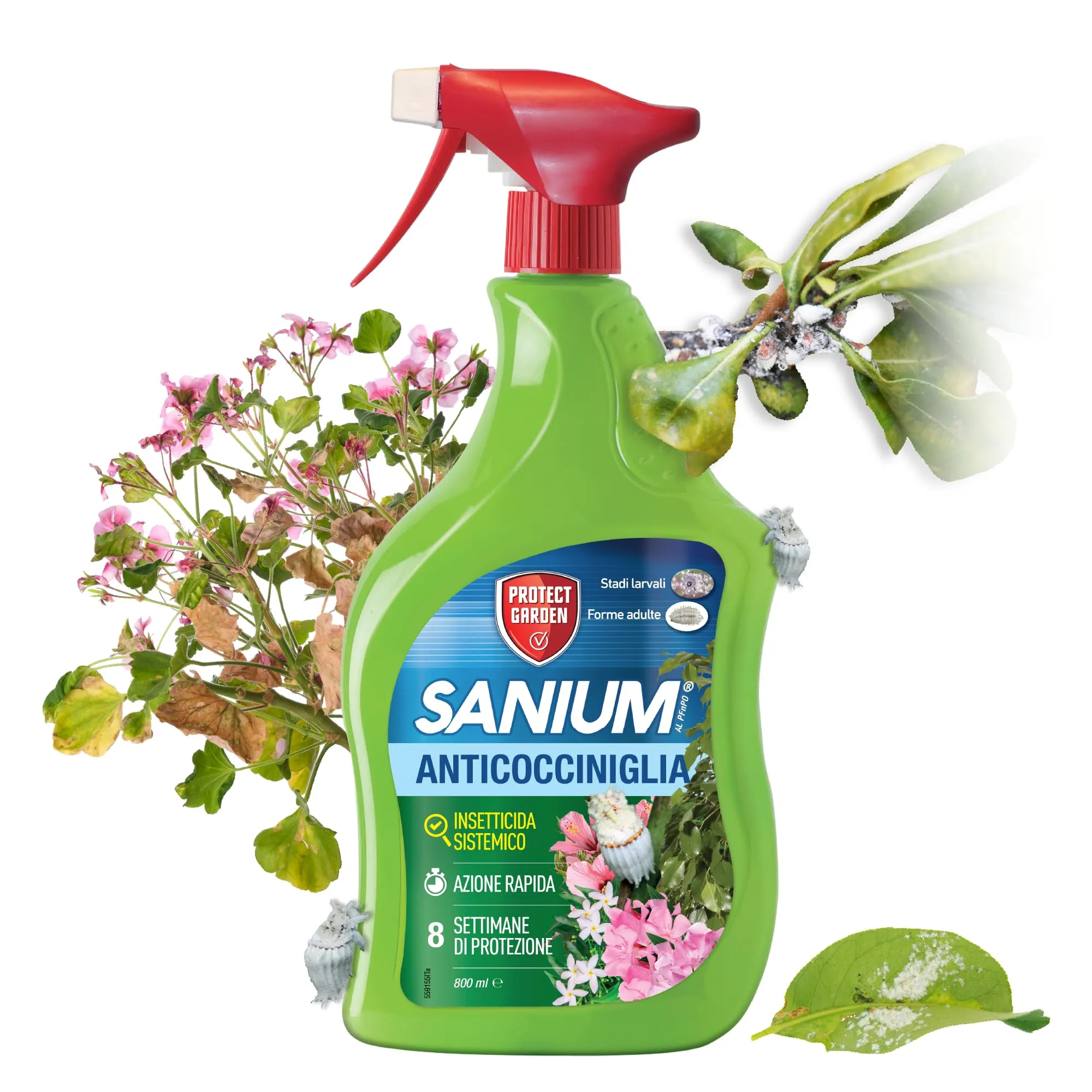 Protect Garden Sanium AL Anticocciniglia PFnPO, Insetticida Sistemico Pronto Uso. Elimina Cocciniglia Stadi Larvali e Adulti. Rapida Azione Abbattente. Fino a 8 Settimane di Protezione 800ml