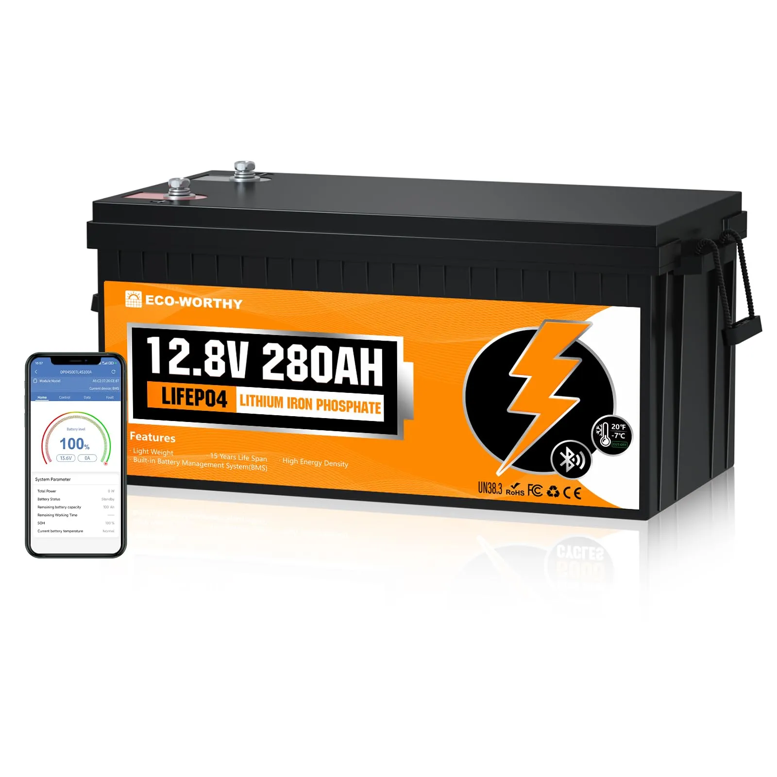 Batteria al Litio LiFePO4 12V 280Ah ECO-WORTHY con Bluetooth e Protezione BMS a Bassa Temperatura