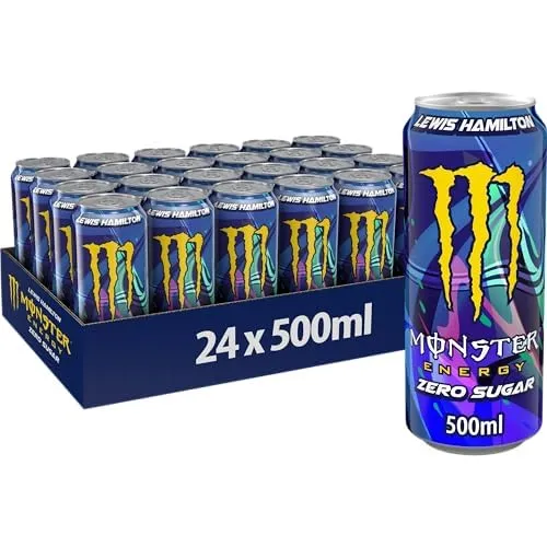 Monster Energy LH44 Lewis Hamilton - 24 Lattine da 500 ml, Energy Drink Zero Zuccheri con Caffeina, L-carnitina, Bevanda Energetica dal Gusto Morbido di Pesca, Vegan