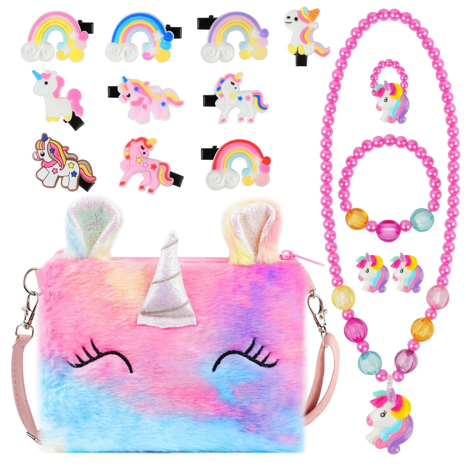 OSDUE Set Gioielli Unicorno con Borsetta - 16 Pezzi di Magia Arcobaleno per Bambine