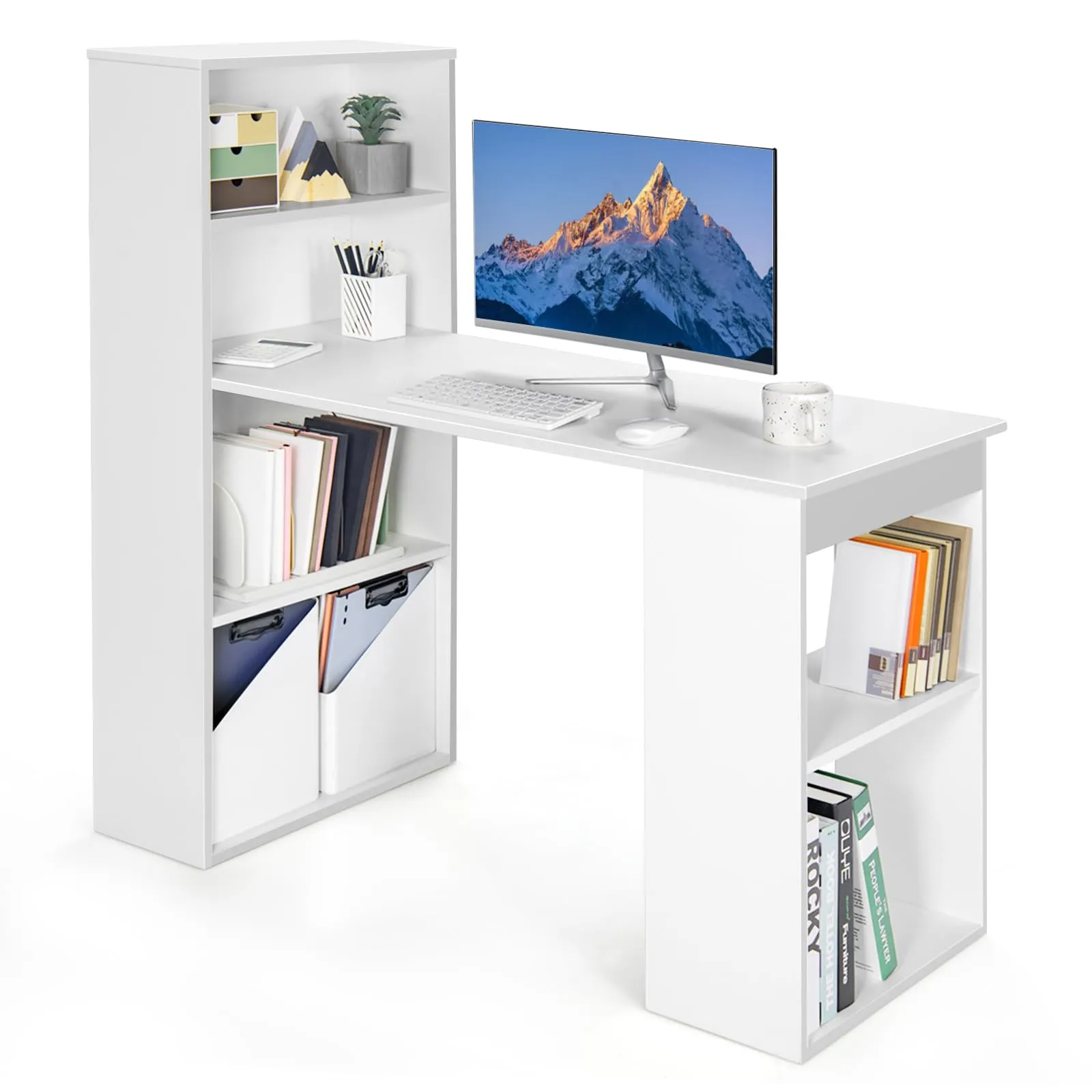 COSTWAY Scrivania per Computer con Libreria Integrata - Salvaspazio e Moderna (Bianco)