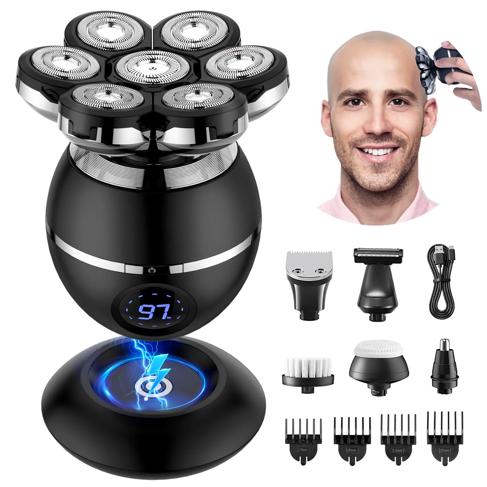 ETENTOUS Rasoio Elettrico Uomo 7D, Kit Multifunzione 6 in 1 per Testa, Barba e Corpo