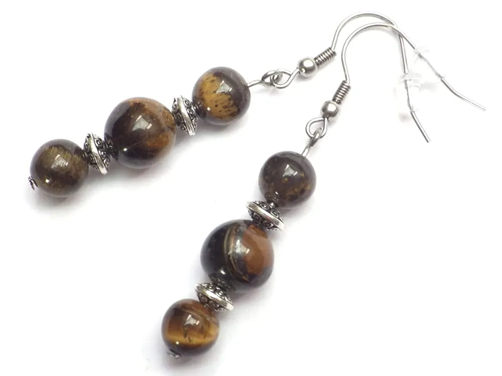 Orecchini Pendenti Thurcolas Occhio di Tigre Marrone e Acciaio Inossidabile - Stile Chic e Classico