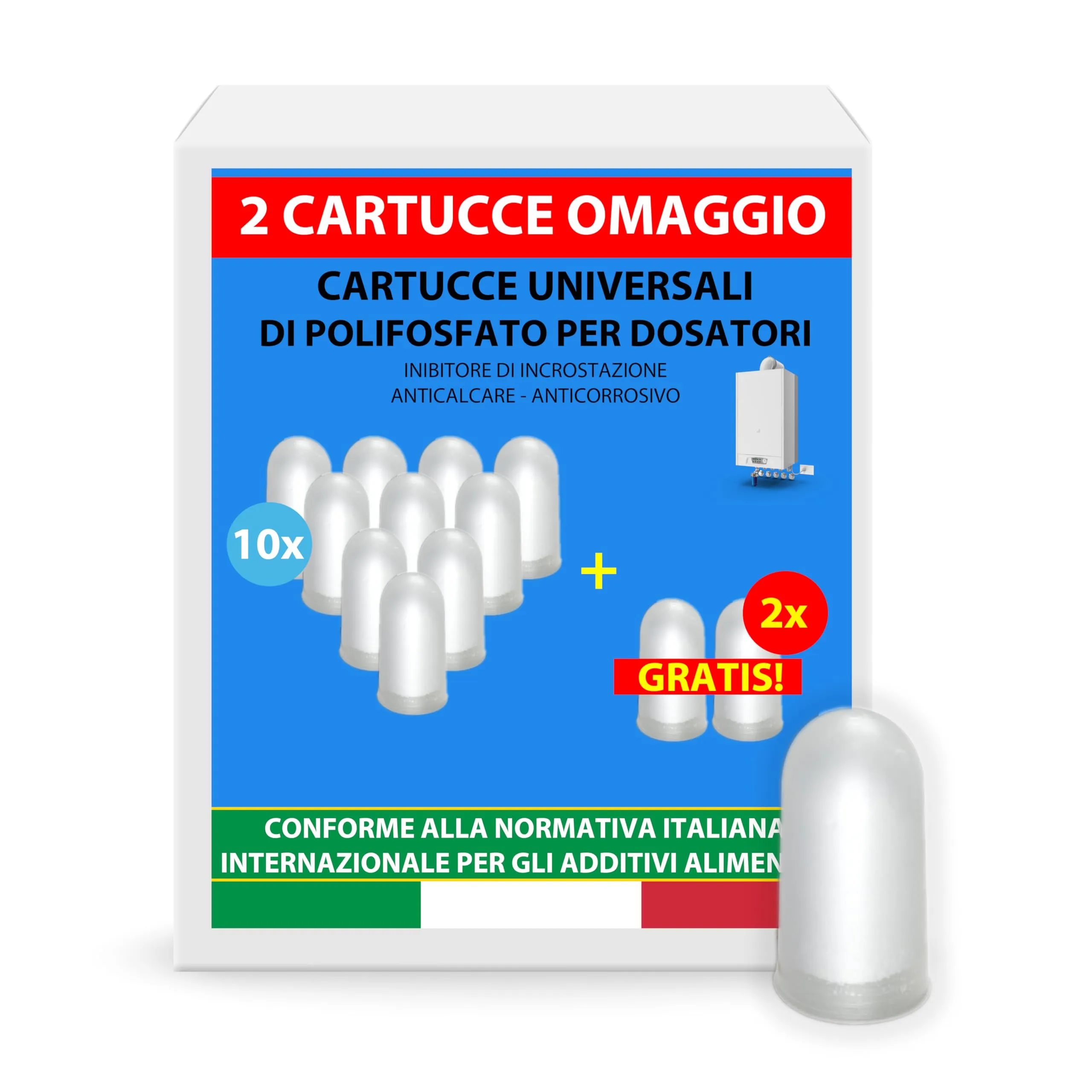 SOLEILUX Cartucce Polifosfati Anticalcare per Caldaia - Ricarica Universale (12 Pastiglie)