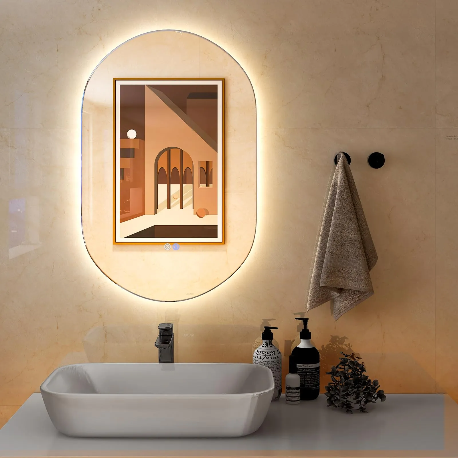 Specchio LED da Bagno Ovale COSTWAY 80x50 cm con Funzione Antiappannamento e 3 Tonalità di Luce