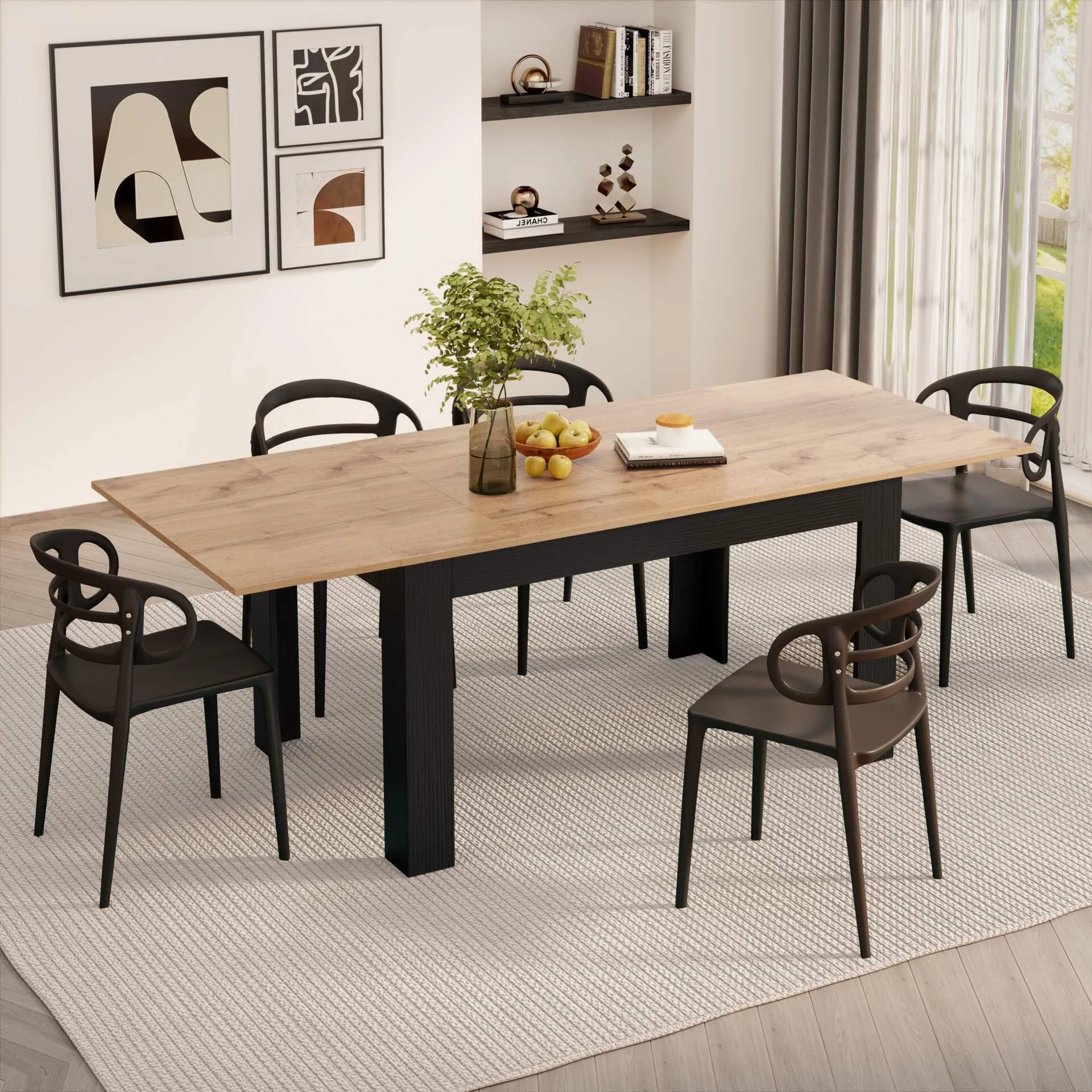 Mobili Fiver, Tavolo allungabile Cucina Easy, Rovere Rustico e Nero Frassino