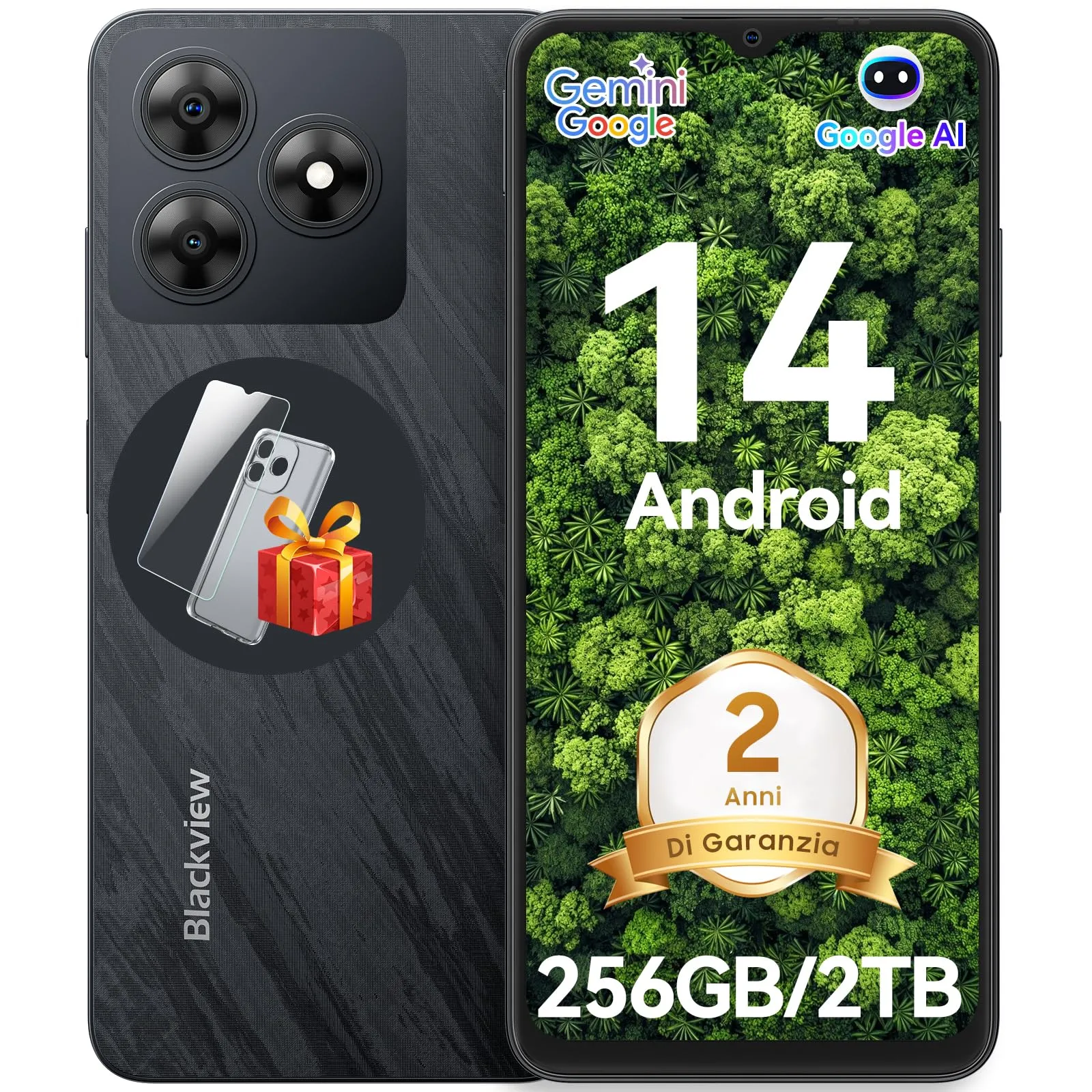 Blackview Gemini AI Smartphone Android 14, 256GB+12GB