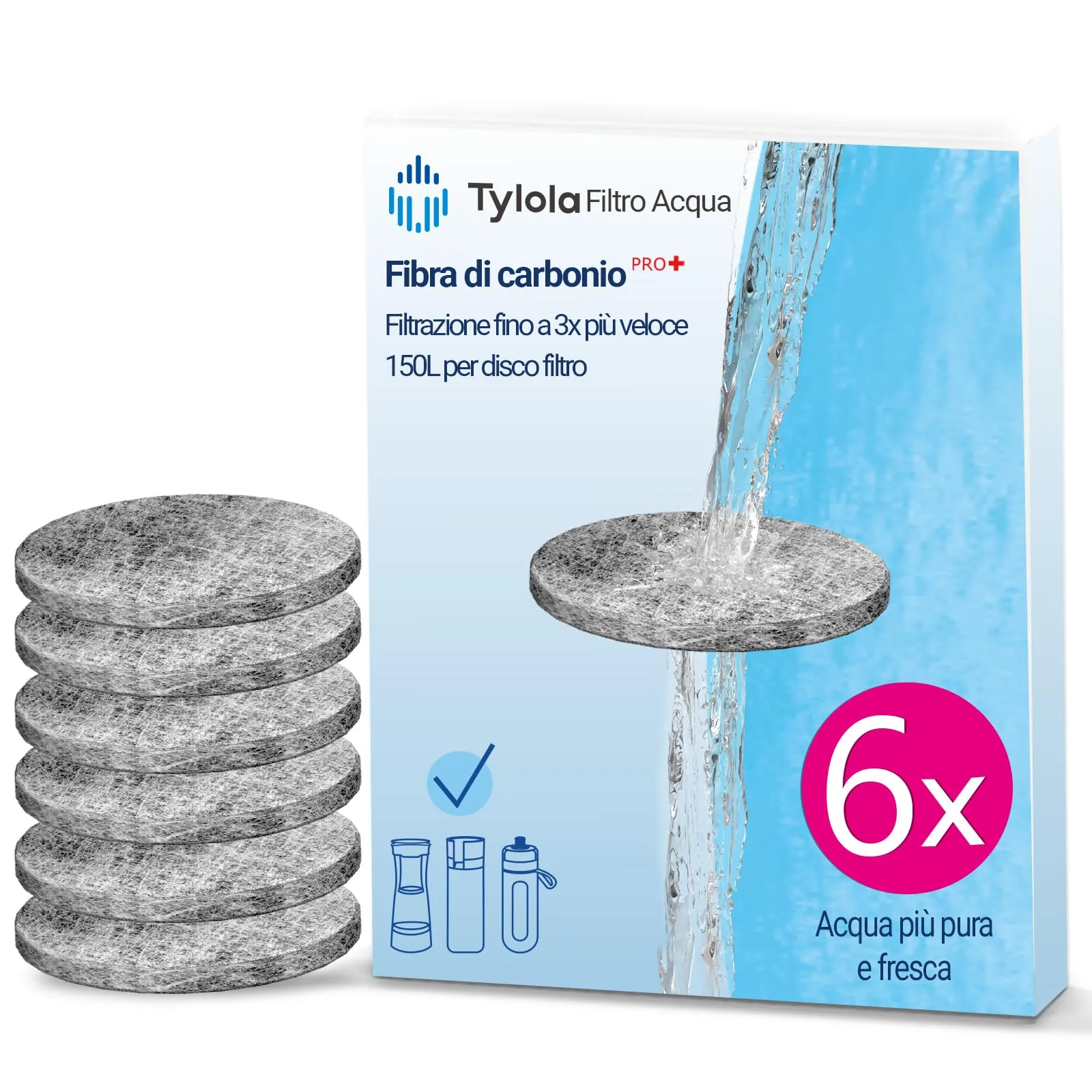Confezione da 6 Dischi Filtranti in Fibra di Carbonio Tylola PRO+
