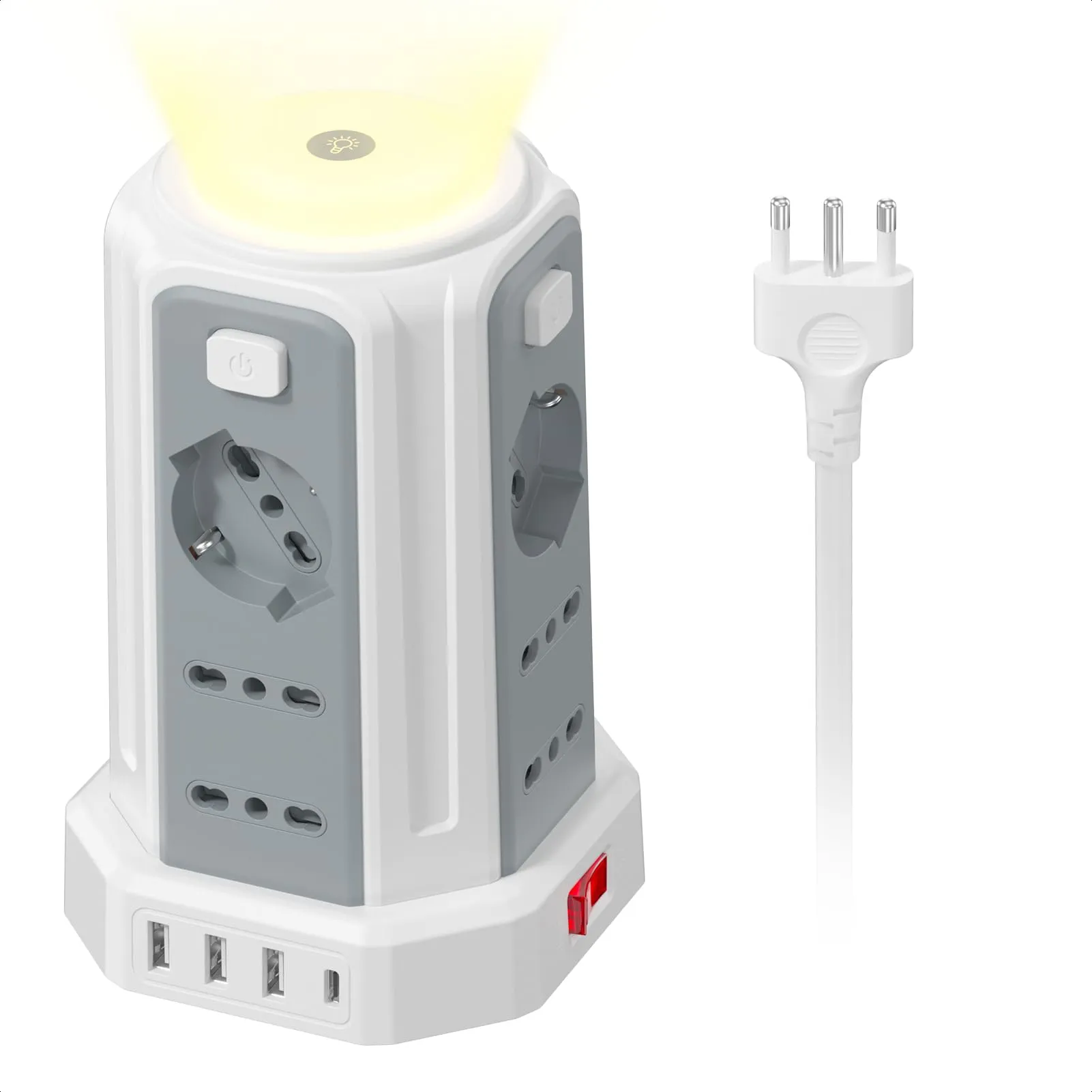 Ciabatta Elettrica Multipresa 16 in 1 con Luce Notturna e Protezione Sovratensione
