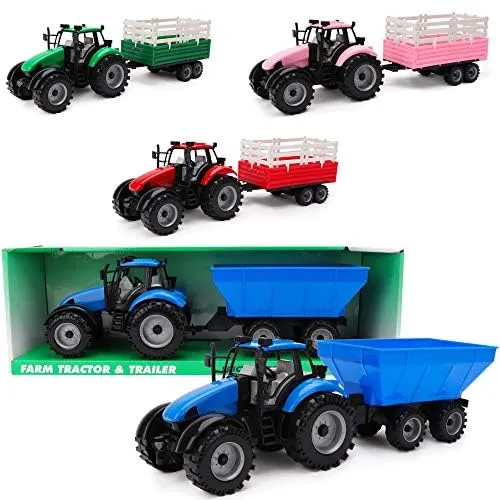 Toyland® - Trattore Agricolo a Frizione Blu con Rimorchio