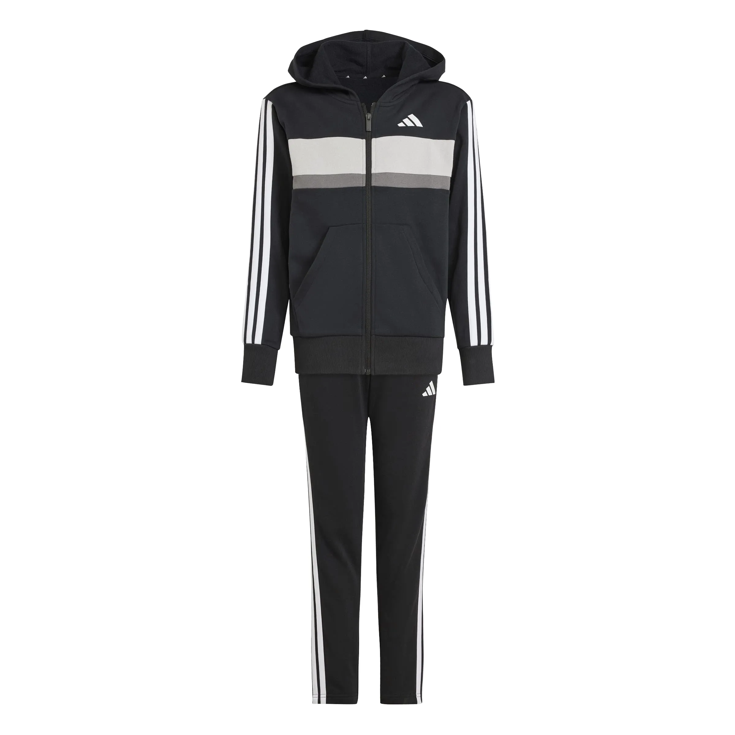 adidas Tuta Sportiva Unisex Bambini SEASONAL ESSENTIALS TIBERIO 3 STRIPES FLEECE, Nero/Bianco/Grigio