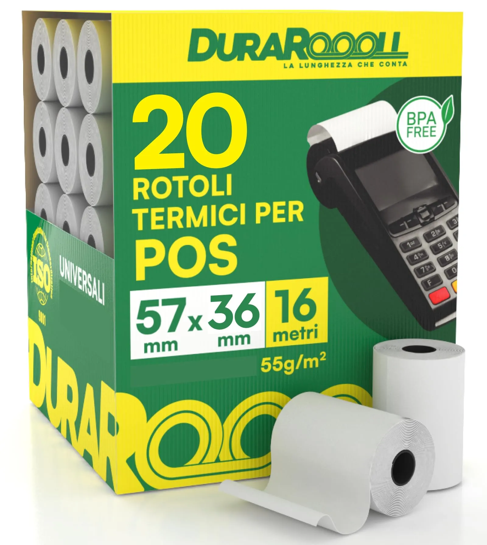 20 Rotoli Carta Termica per POS 57x38 mm - DuraRoooll
