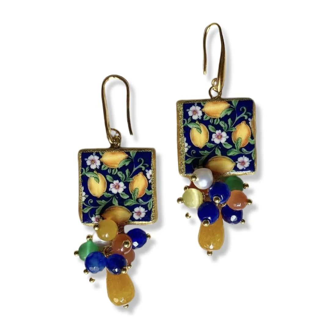 Orecchini in ceramica con Limoni e Pietre Dure