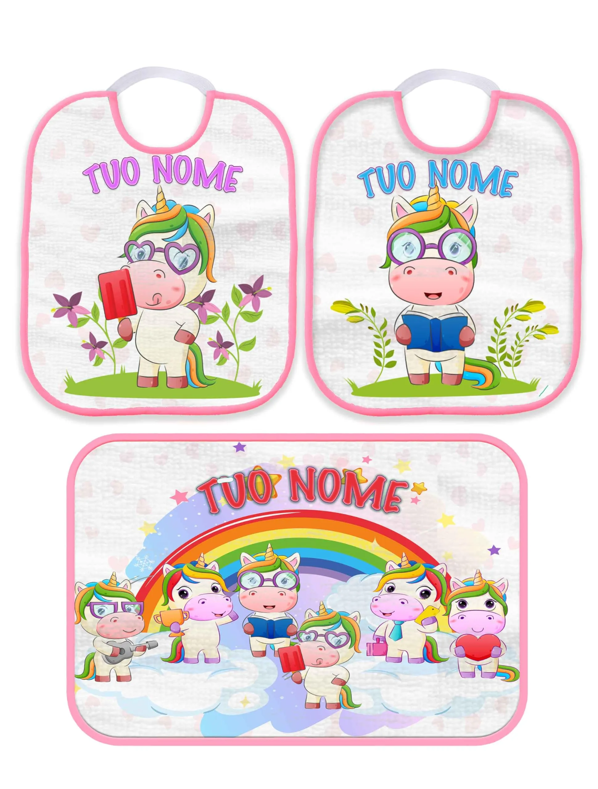 Set Asilo Personalizzato Unicorno Arcobaleno Rosa - Bavaglini e Asciugamano con Nome