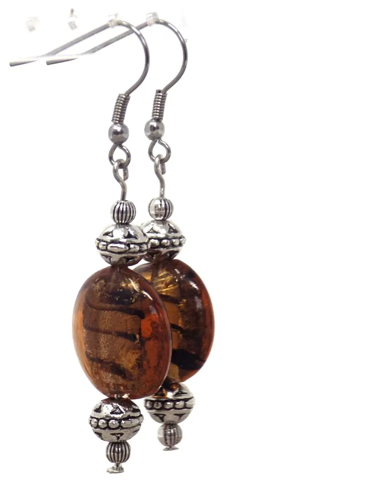 Orecchini Venezia in Acciaio Inox e Perle di Vetro di Murano Marrone Chiaro