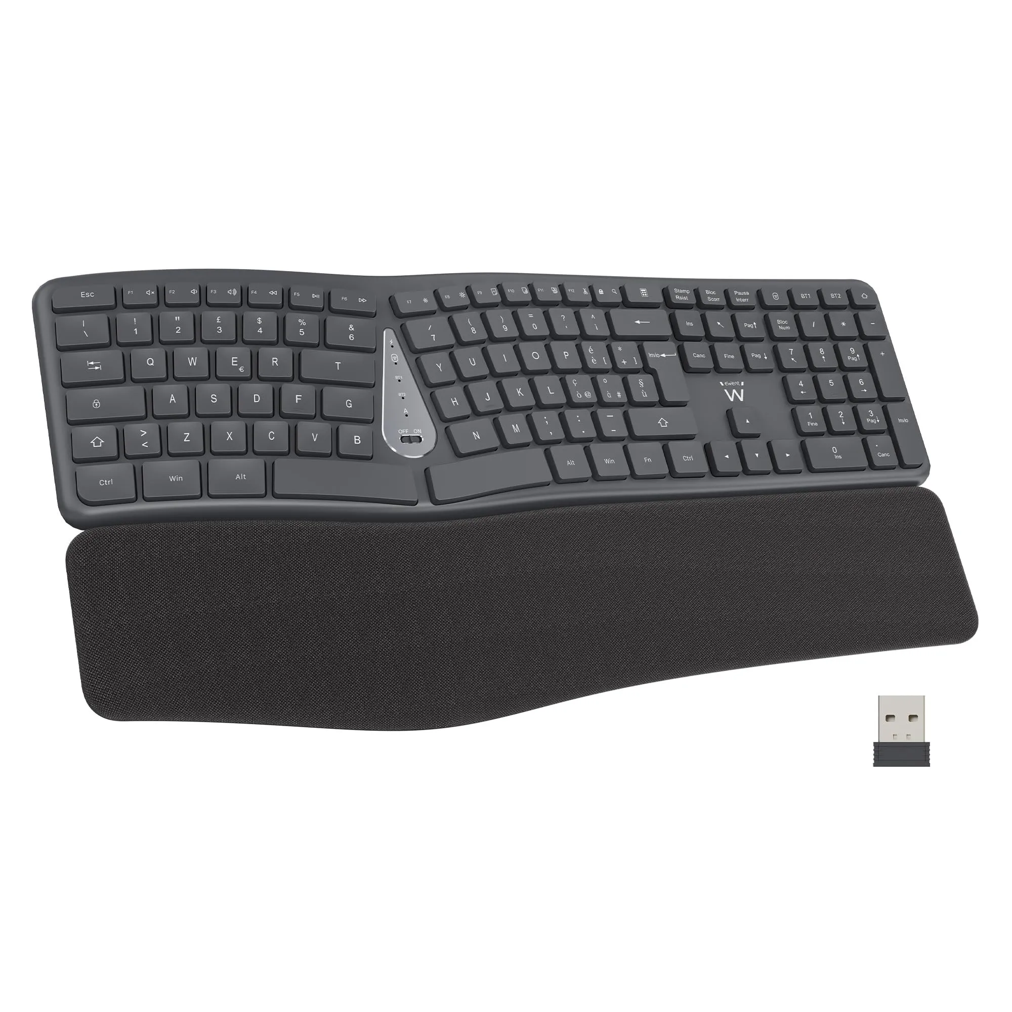 Ewent Tastiera Wireless Ergonomica Bluetooth e USB Layout Italiano