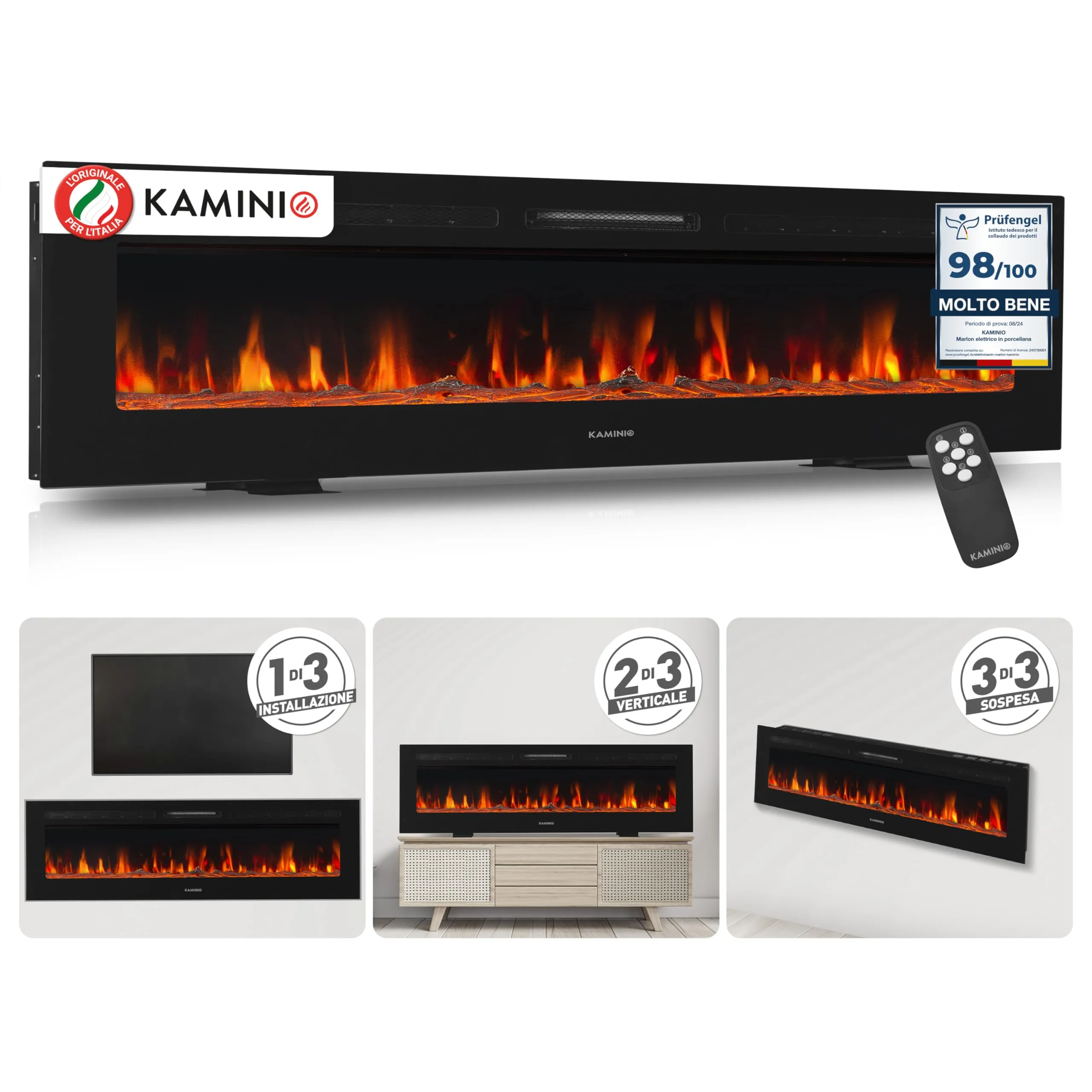 KAMINIO Camino elettrico MARLON 70 pollici - 3-in-1 con Riscaldamento ed Effetto Fiamma 3D