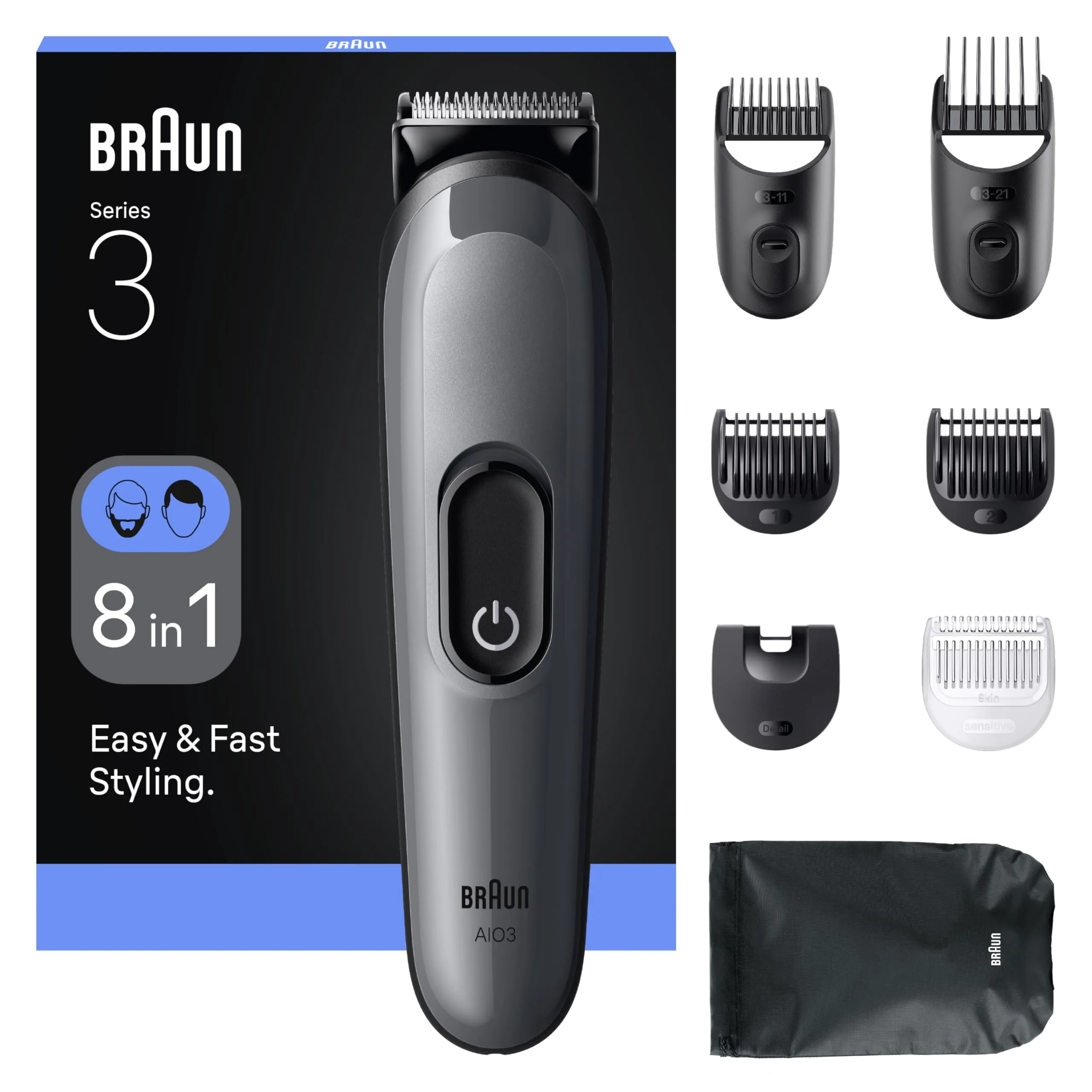 Braun AIO3540, set da barba tutto in uno, serie 3, 8-in-1, lama ultra affilata, 14 lunghezze, taglio preciso per viso e capelli, durata 50 min, stile facile e veloce, grigio
