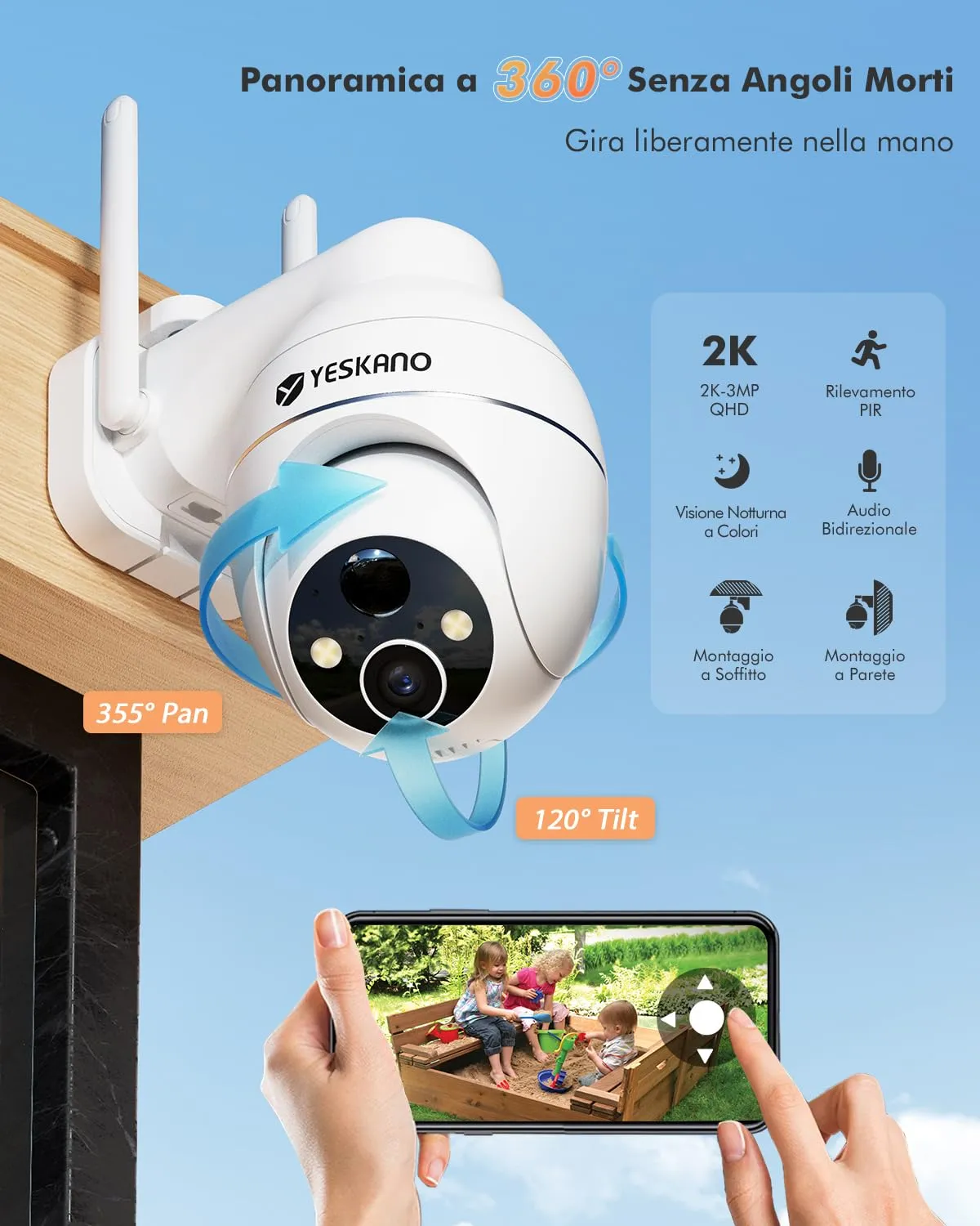 Telecamera Wi-Fi Esterna 2K A Batteria Con Pannello Solare – PTZ 360°, Visione Notturna A Colori, Rilevamento AI E Allarme Sirena