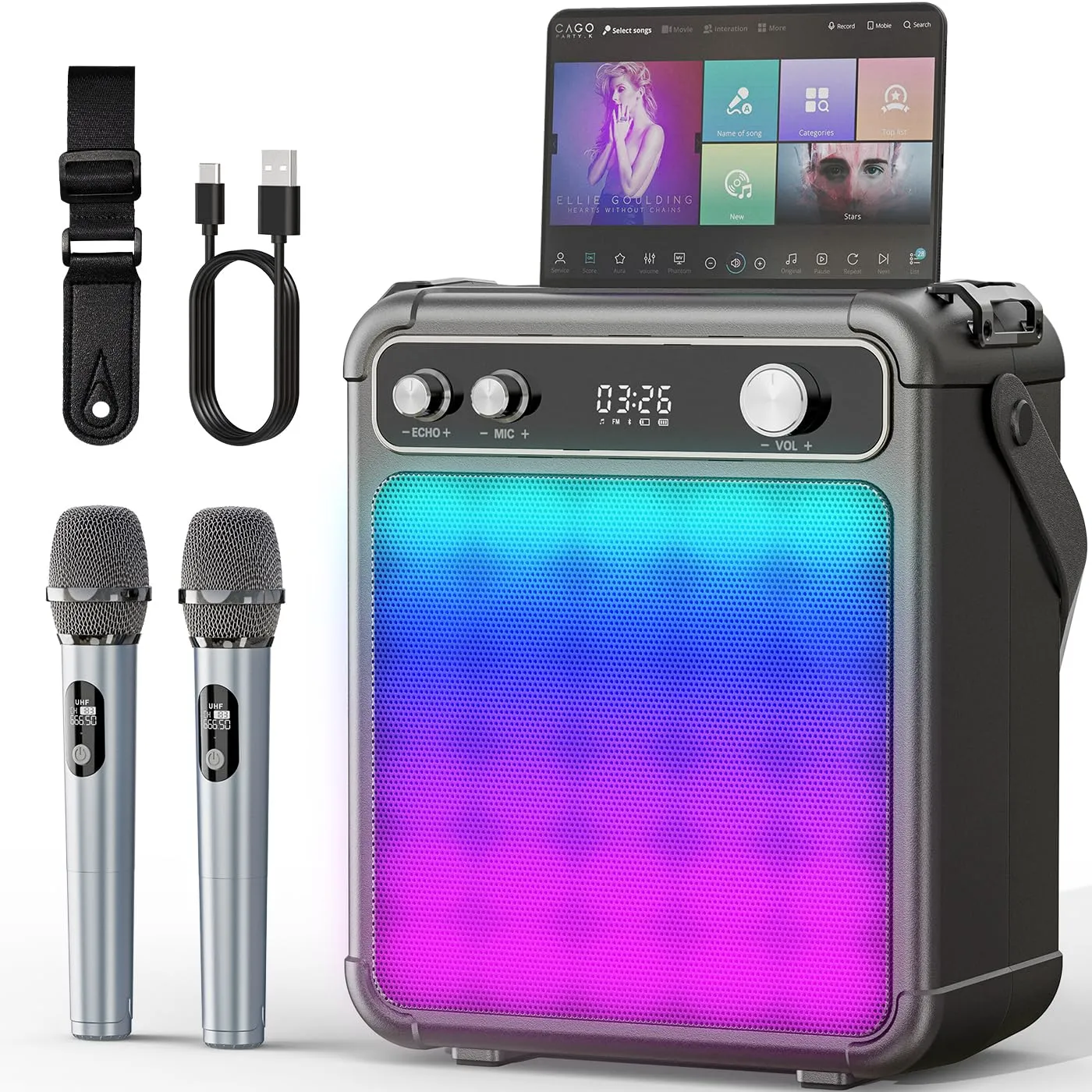 Cassa Karaoke Professionale Portatile Bluetooth con 2 Microfoni e Luci LED