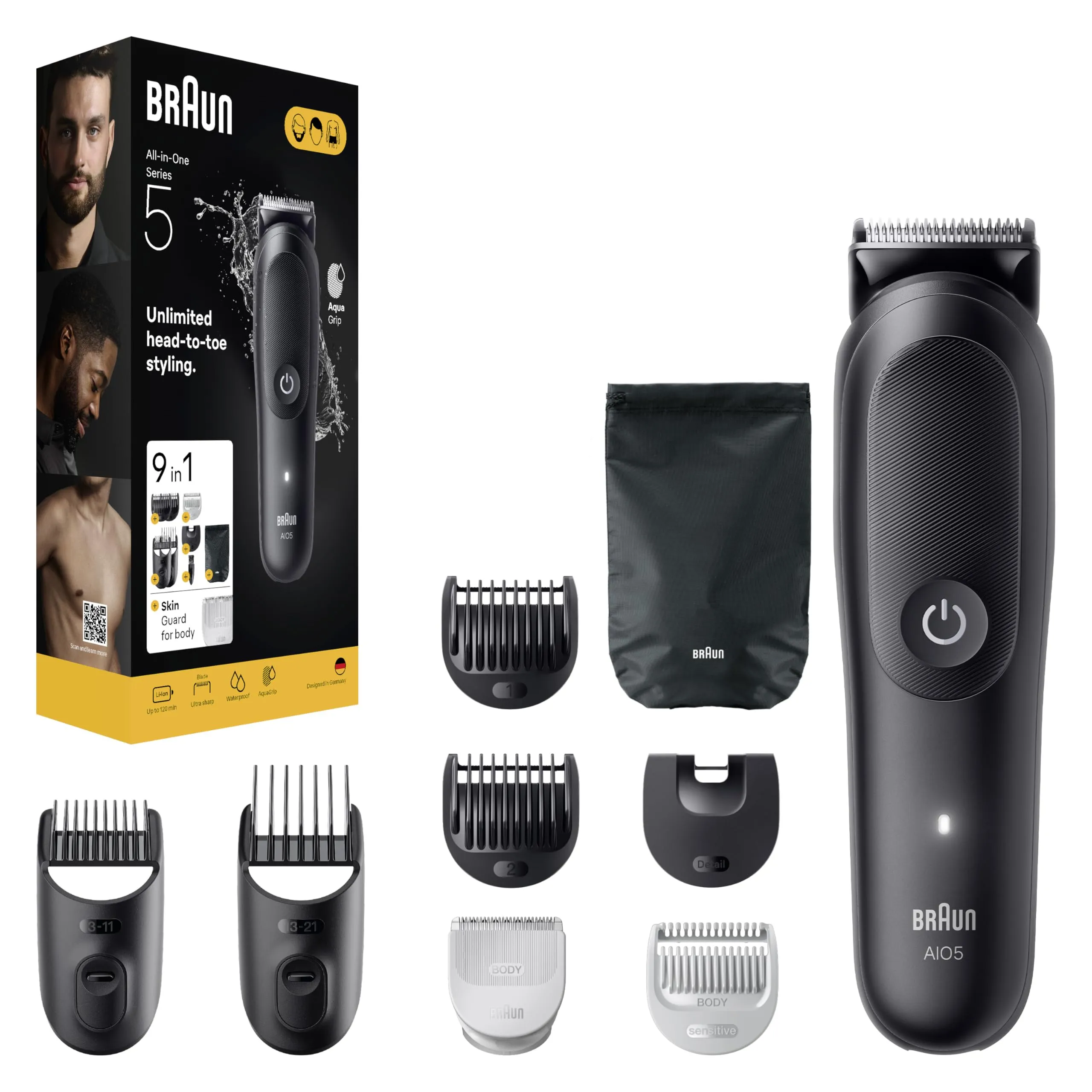 Braun All-in-One Series 5 AIO5540 - Kit Multifunzione 9-in-1 per Barba, Capelli e Corpo