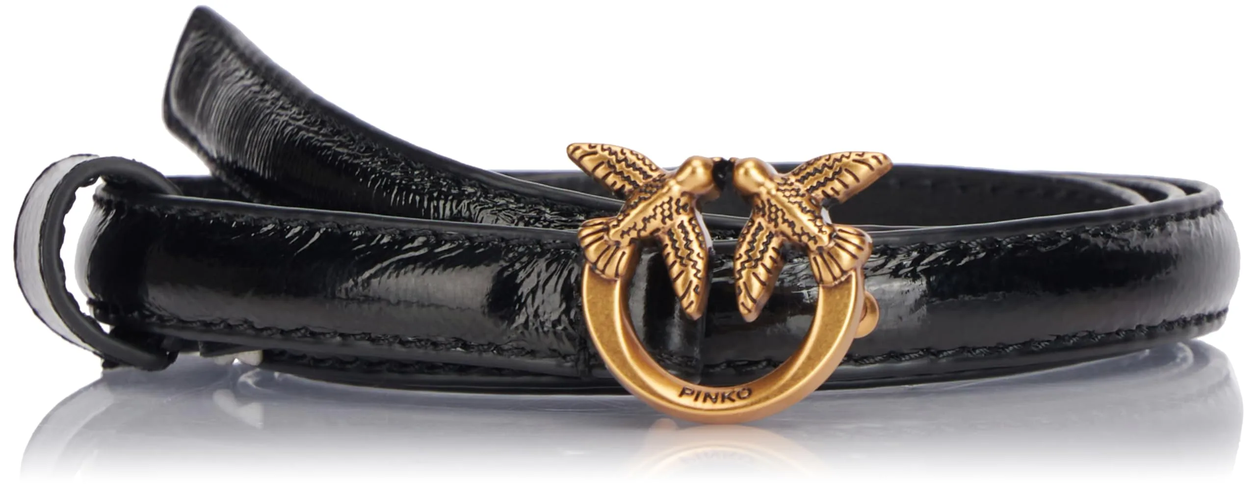 Cintura Pinko Love Berry H1 Belt Soft Naplack Donna, Nero/Oro Antico