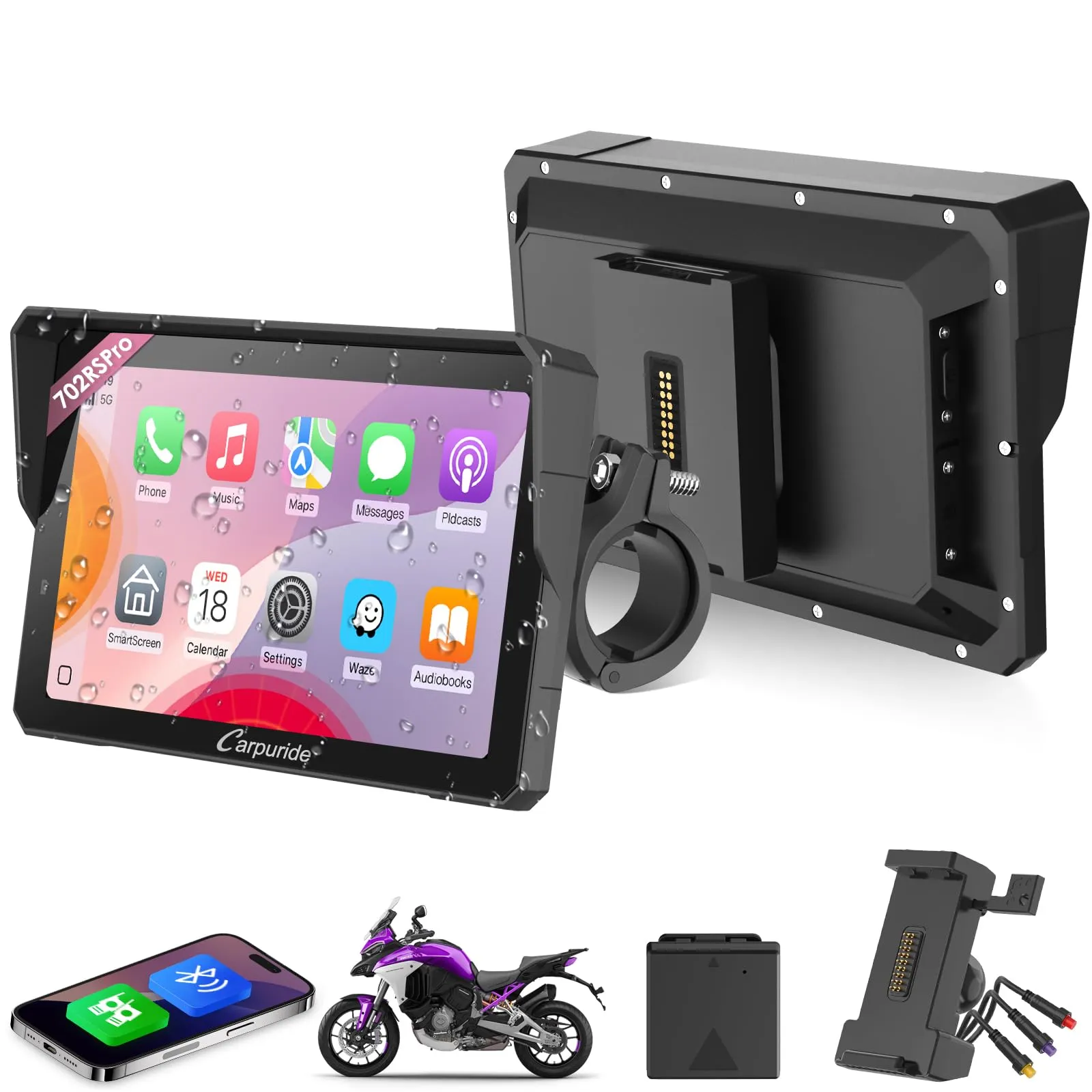 Carpuride W702RS Pro Moto Carplay Schermo con Radar BSD e BM05 Mount