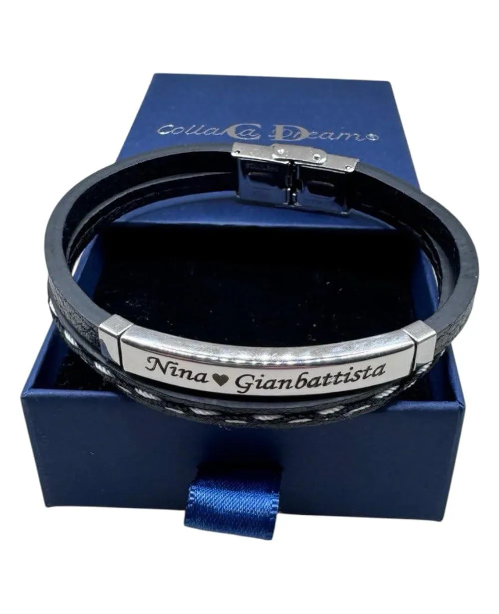 Bracciale Uomo Personalizzato con Nomi Incisi – Pelle Intrecciata e Acciaio