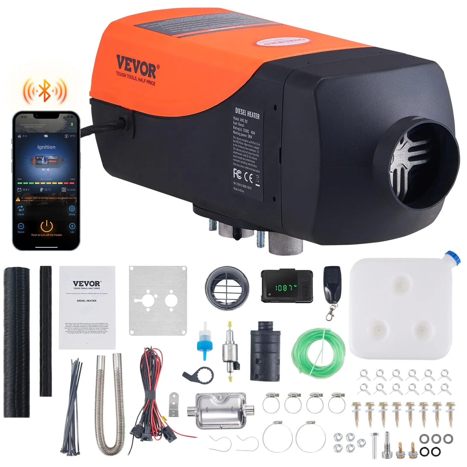 VEVOR Riscaldatore d'Aria Diesel 12V 2KW con Controllo Bluetooth e Compensazione Altitudine
