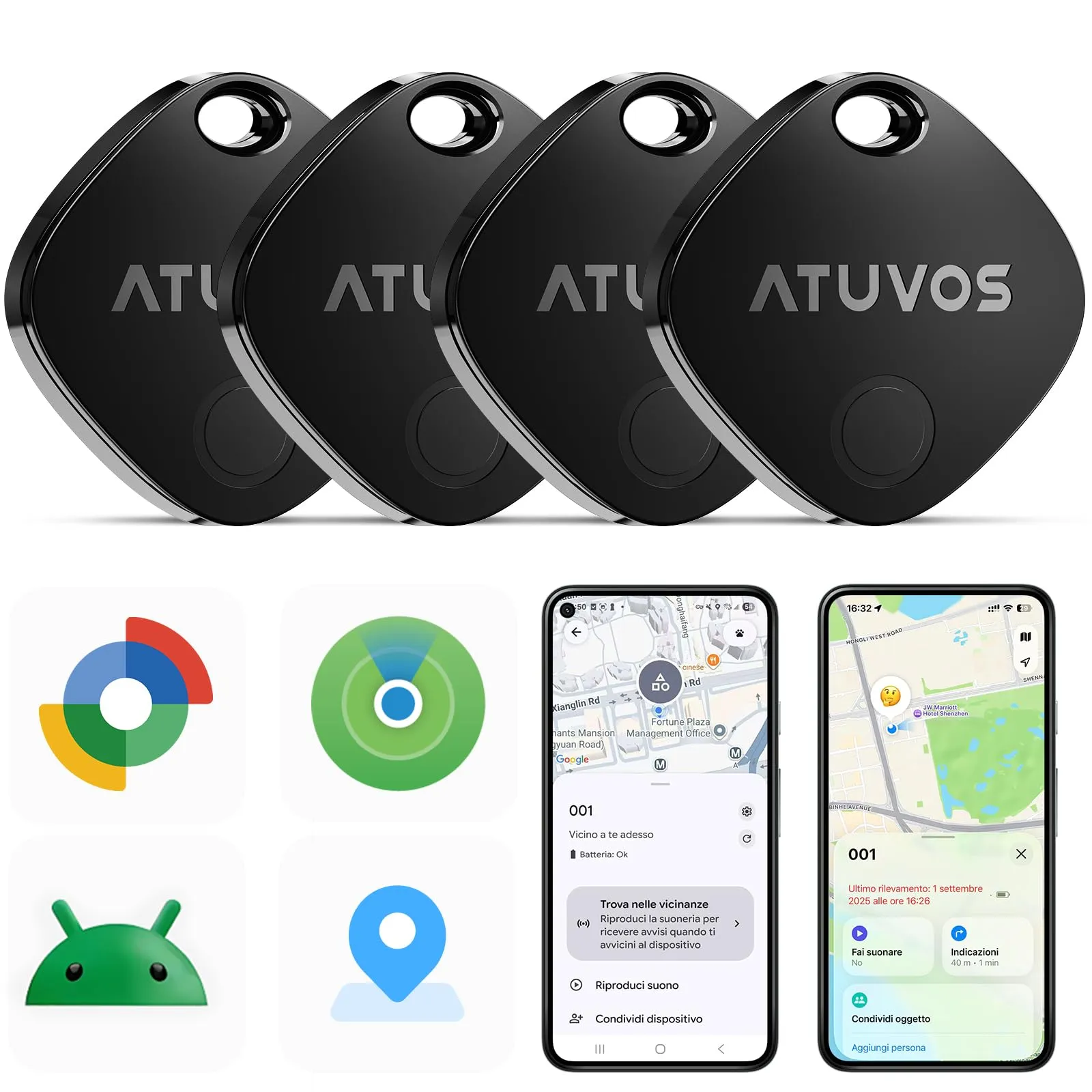 ATUVOS Dual System Air Tag Pro Tracker (4 pezzi) - Nero