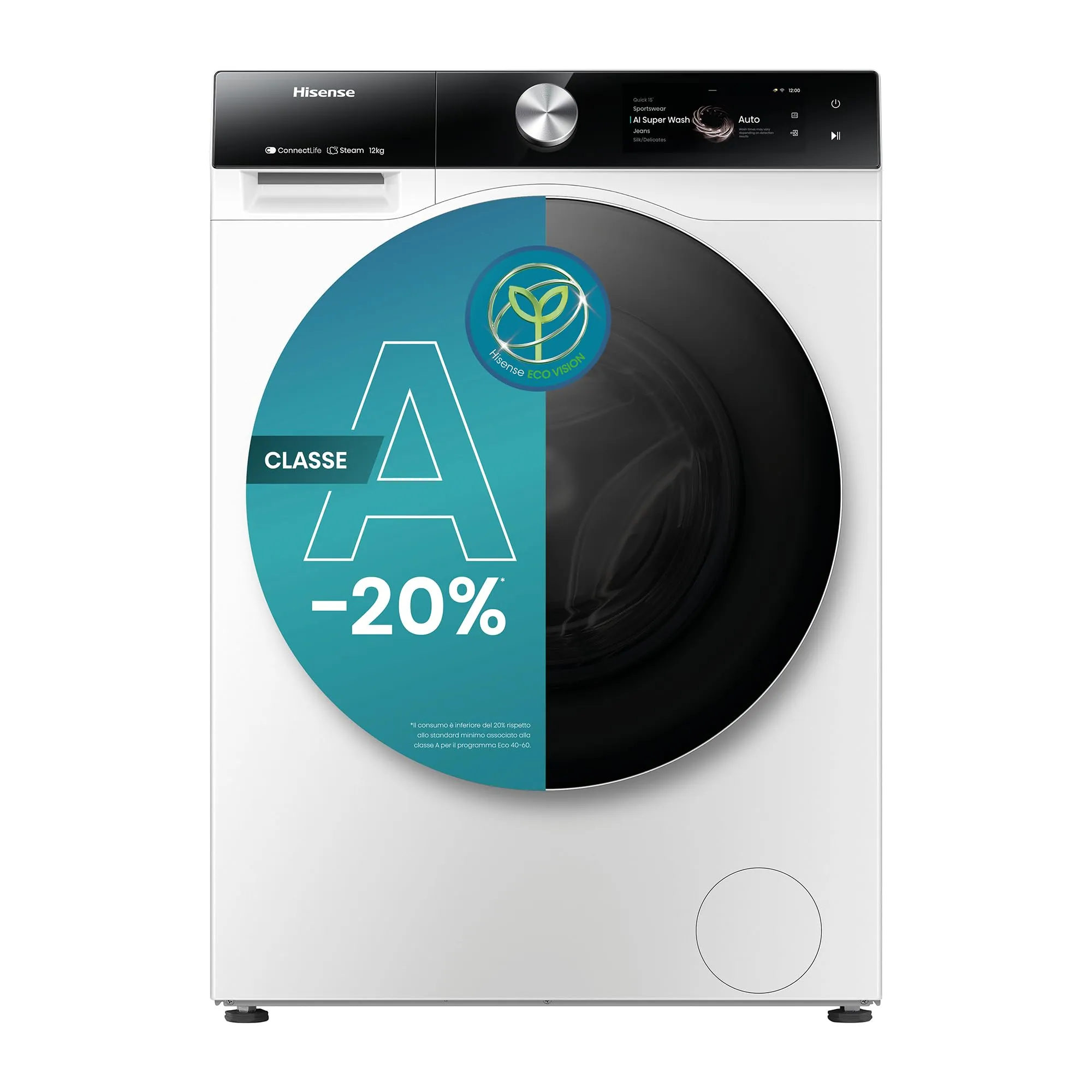 Hisense WF7S1247BW Lavatrice a Carica Frontale 12 Kg, Classe A-20%, 1400 rpm, Super Lavaggio AI e Autodose
