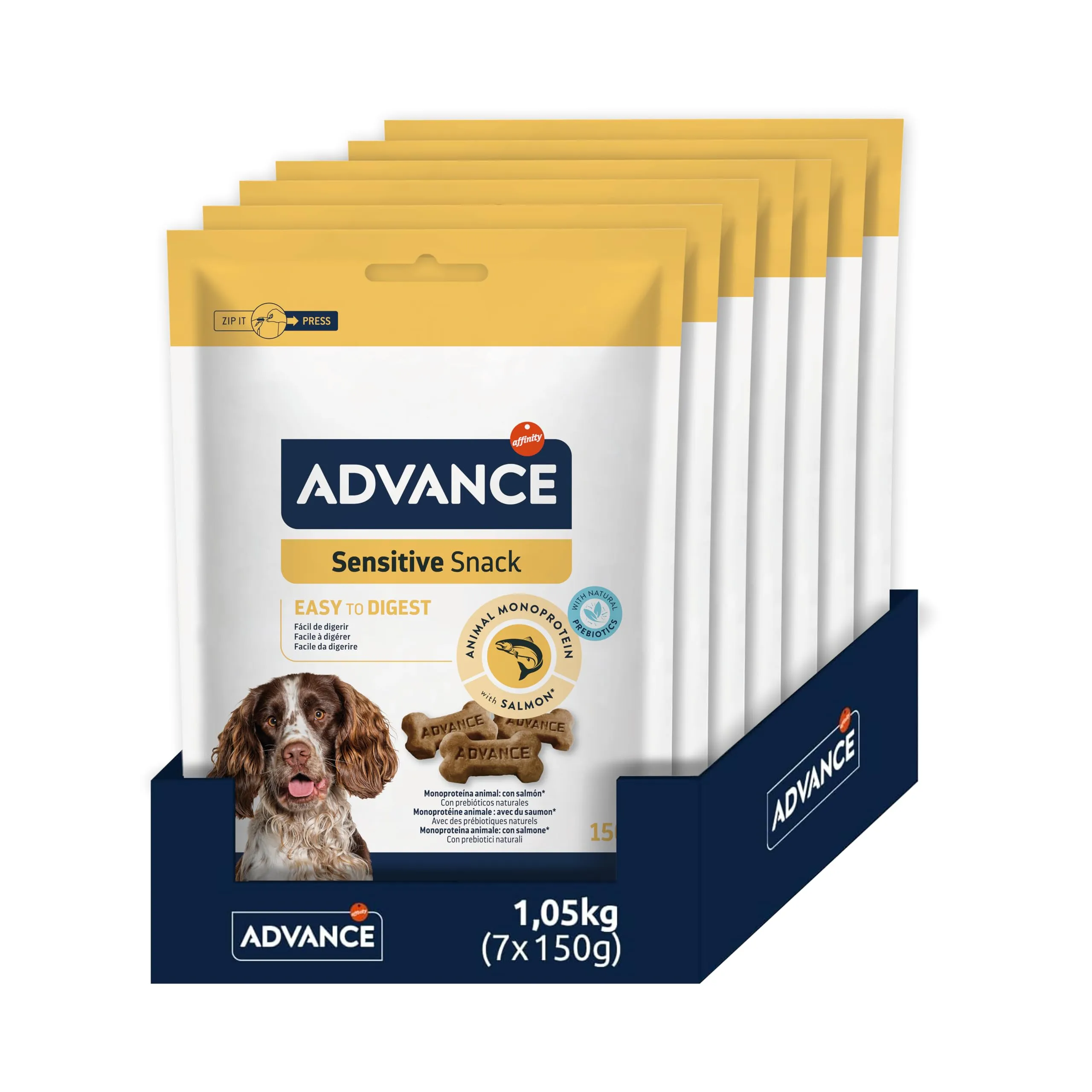 ADVANCE Snacks Sensitive - Snack Monoproteici per Cani con Sensibilità Digestive e Cutanee - Salmone - 7 x 150gr (1050gr)