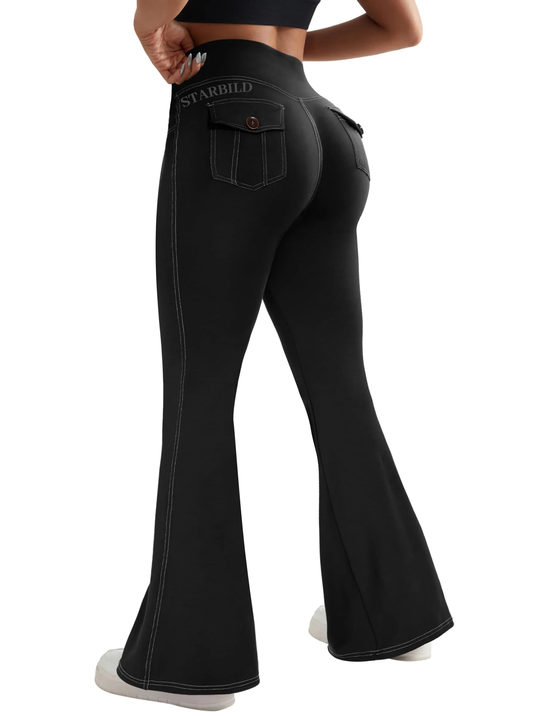 STARBILD Donna Bootcut Leggings Sportivi con Tasche Cargo - Nero M